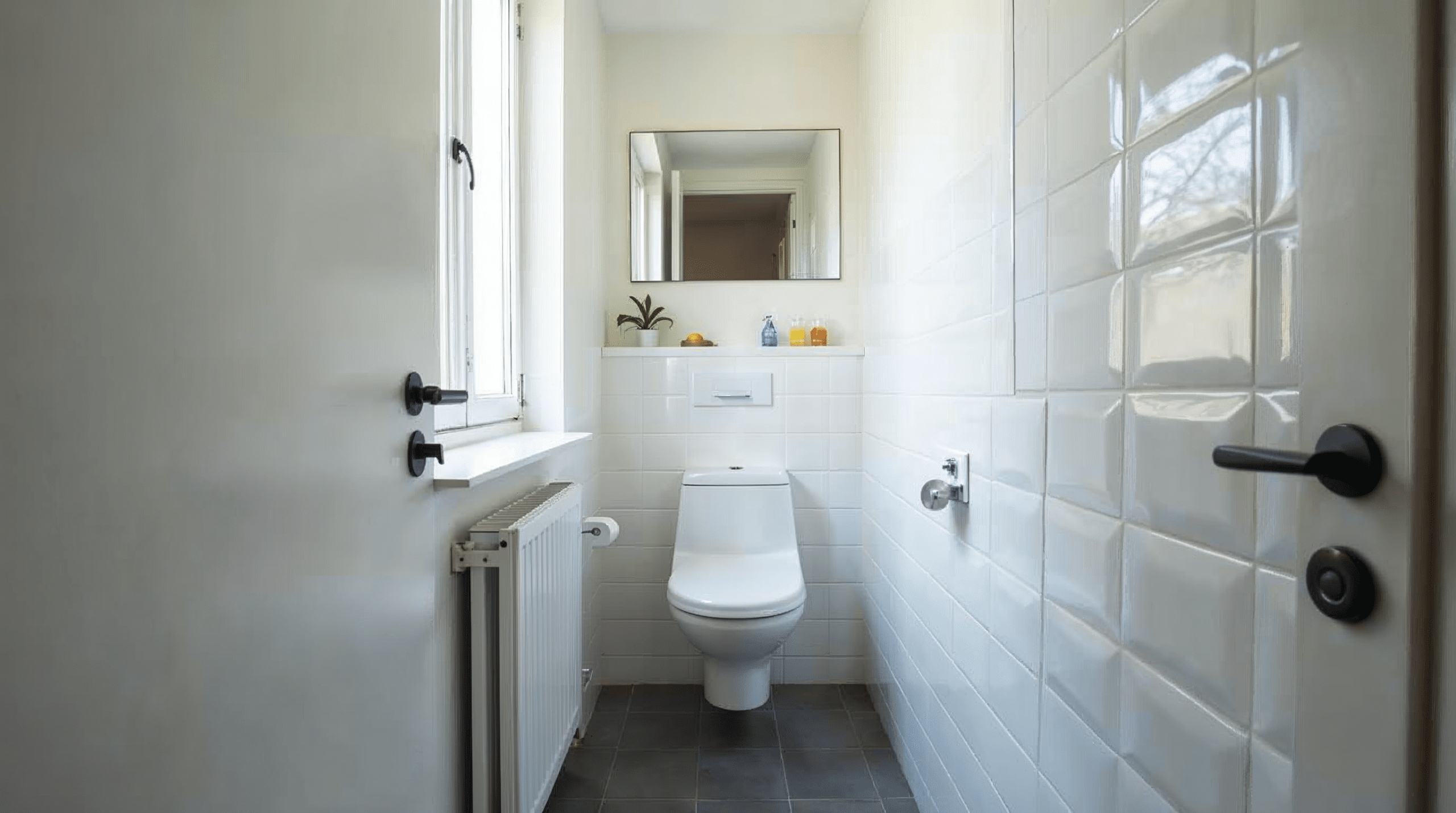 Renoviertes kleines Gäste-WC mit modernem WC und Eckwaschtisch