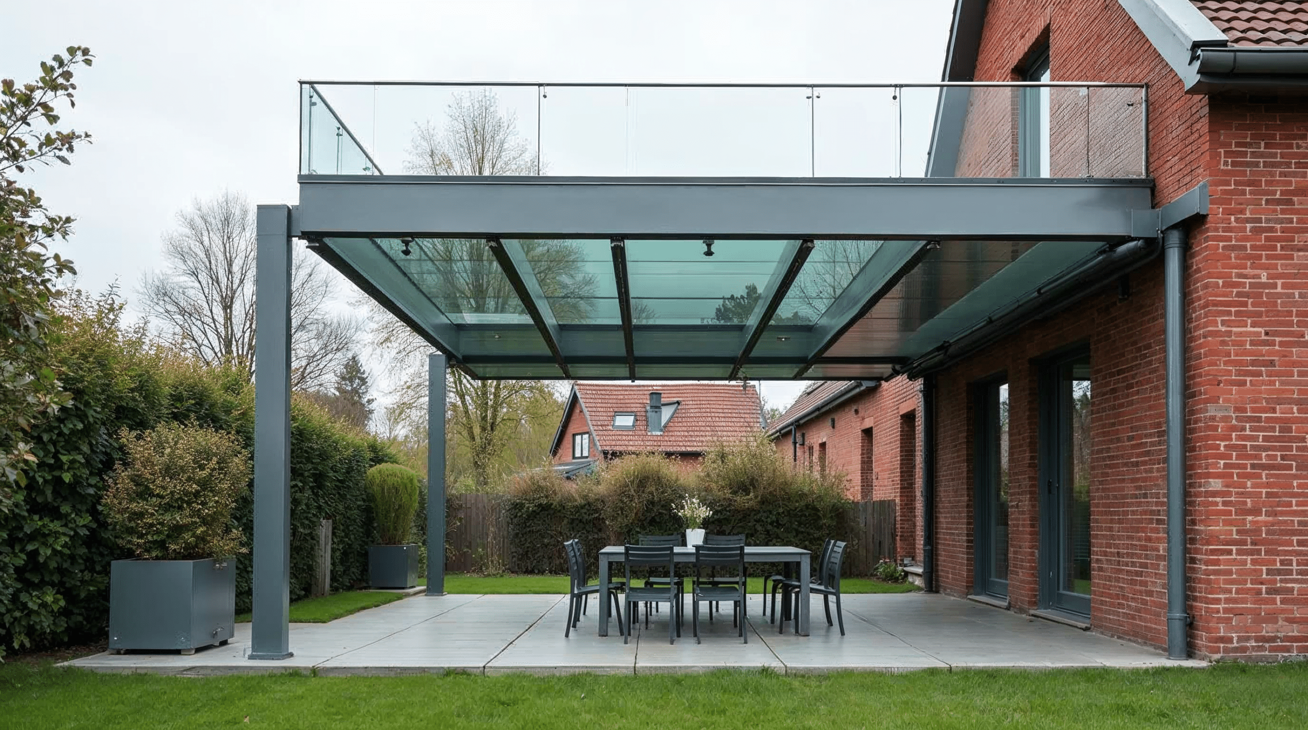 Terrasse mit klarer Glaseindeckung an einem Einfamilienhaus