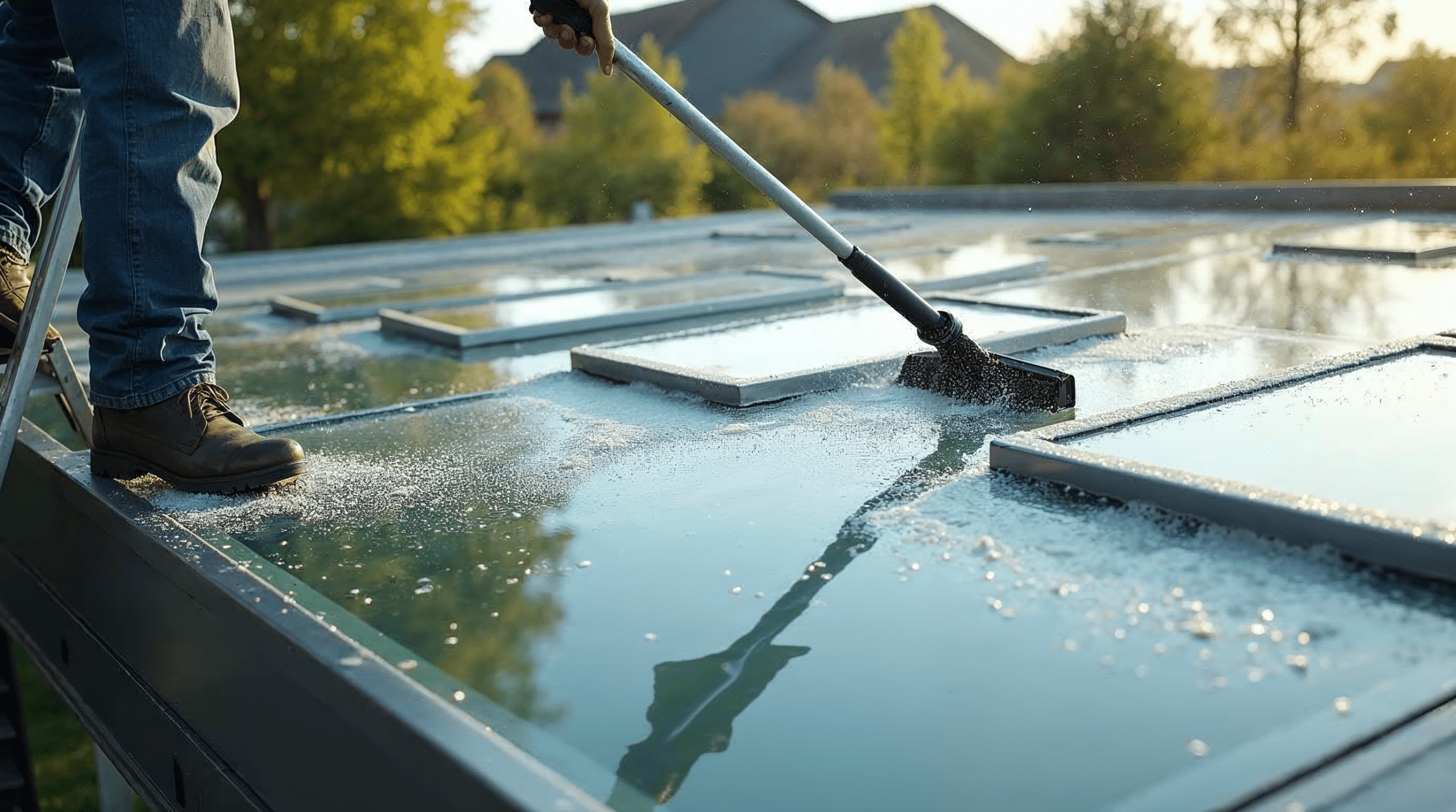 Reinigung eines Glas-Terrassendachs mit Wasserabzieher