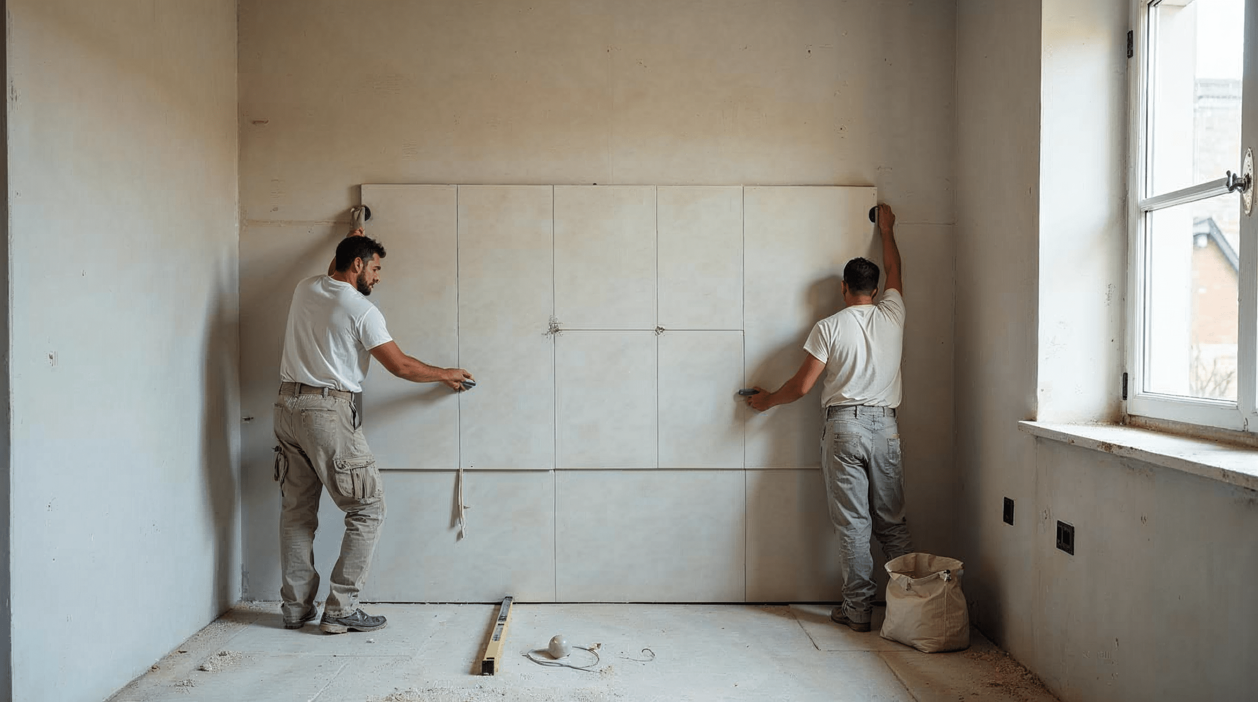 Zwei Fliesenleger setzen mit Saughebern eine 60x120 großformatige Feinsteinzeugfliese an die Badwand