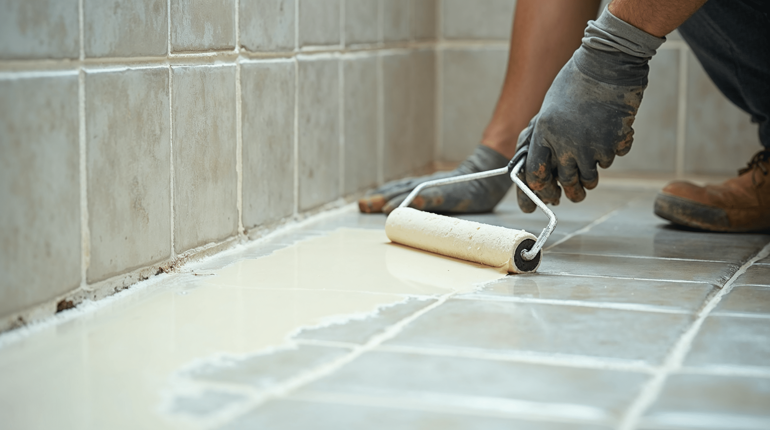 Haftgrundierung wird mit Rolle auf alte Fliesen aufgetragen