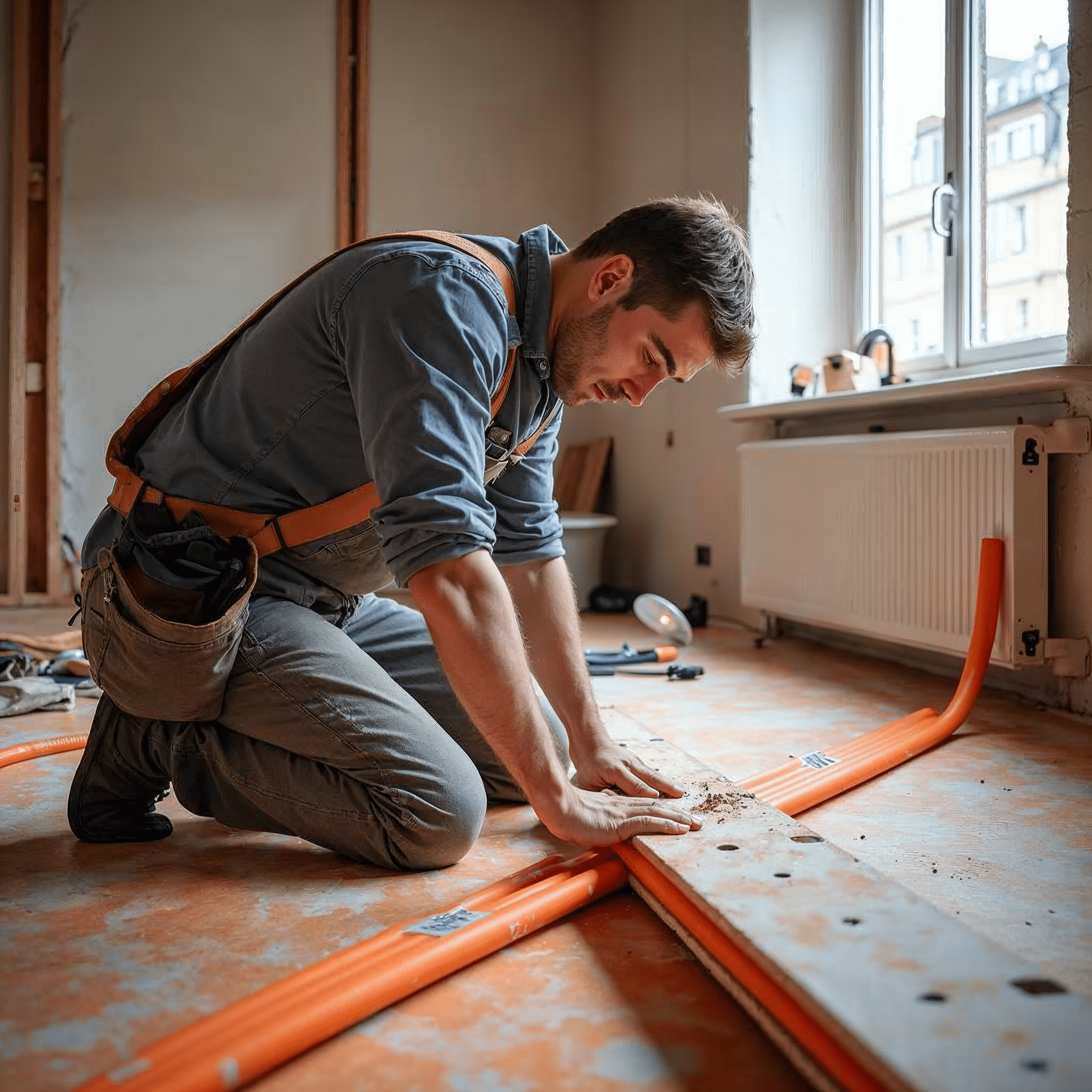 Handwerker verlegt Heizungsrohre für Fußbodenheizung in einem Bremer Wohnhaus