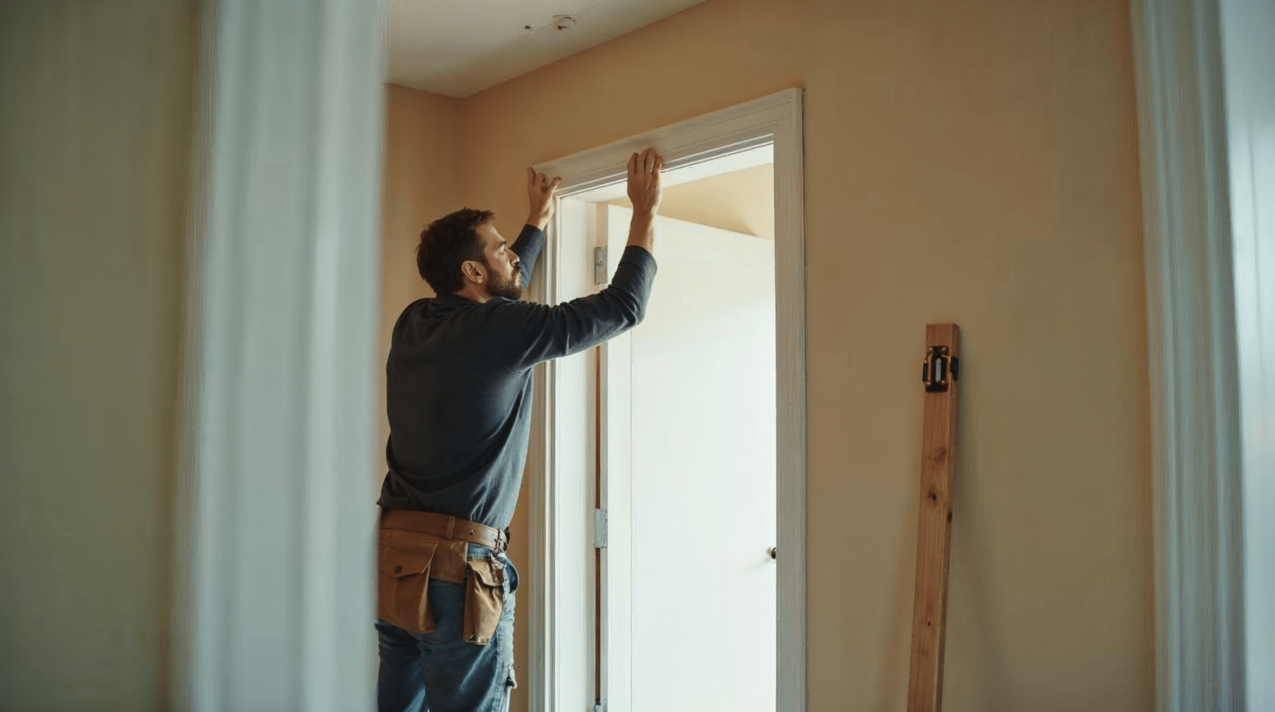 Handwerker baut eine neue weiße Innentür in einen vorbereiteten Türrahmen in einer Bremer Wohnung ein