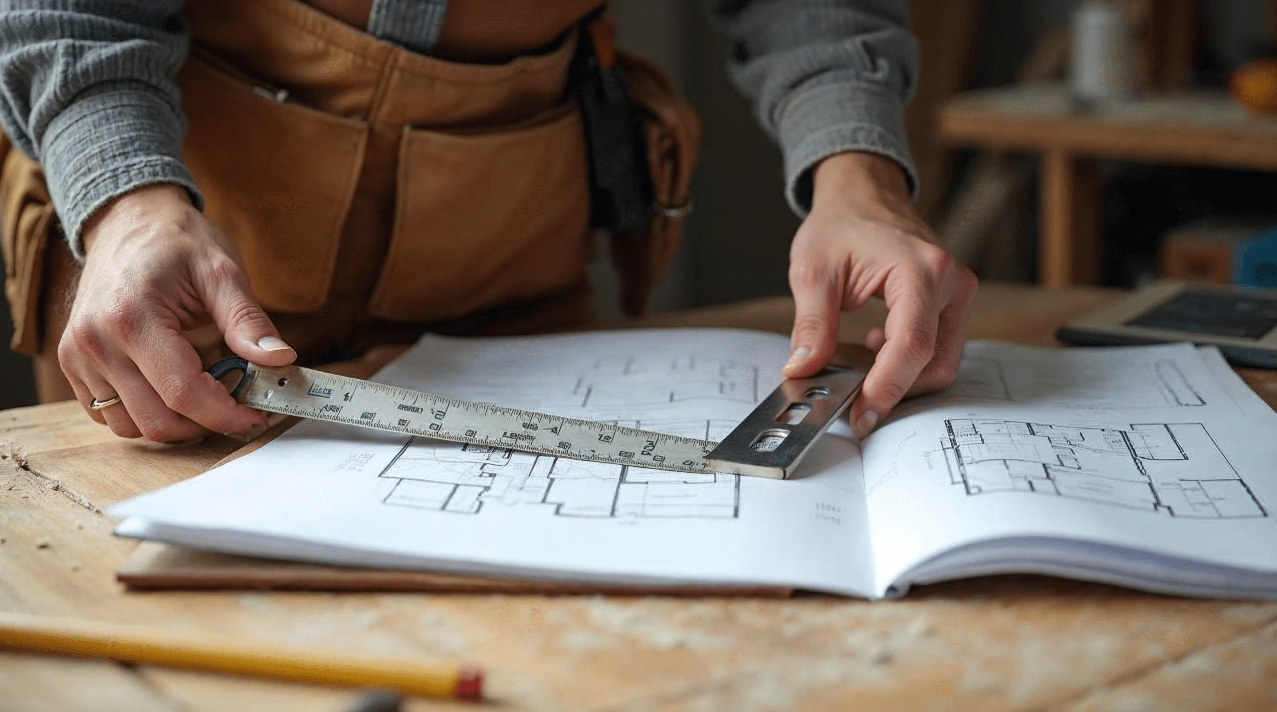H\u00e4nde eines Handwerkers halten einen Zollstock \u00fcber einem Sanierungsplan mit handgezeichnetem Grundriss
