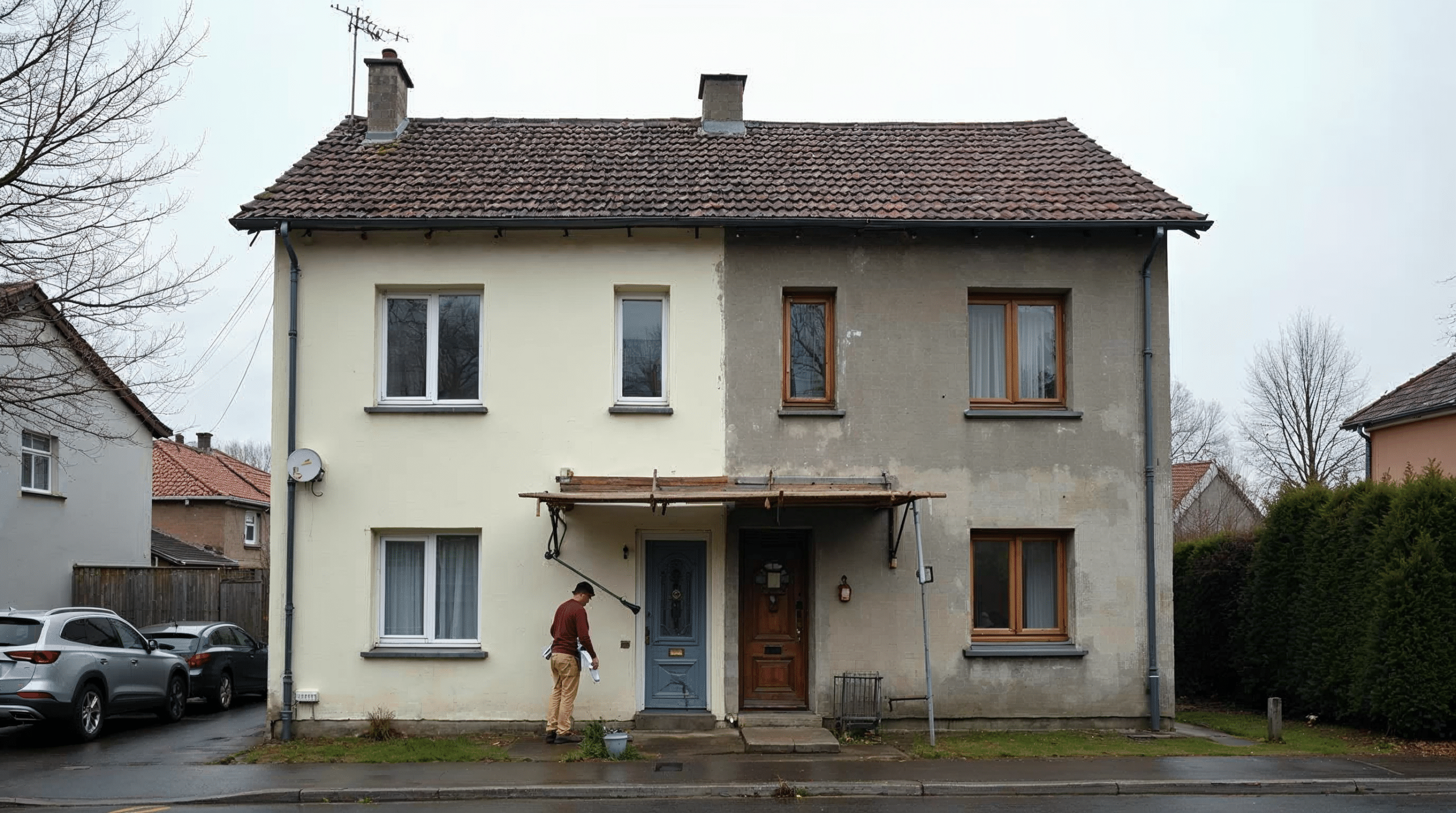 Einfamilienhaus in Bremen w\u00e4hrend der Sanierung mit halb erneuerter Fassade und Ger\u00fcst