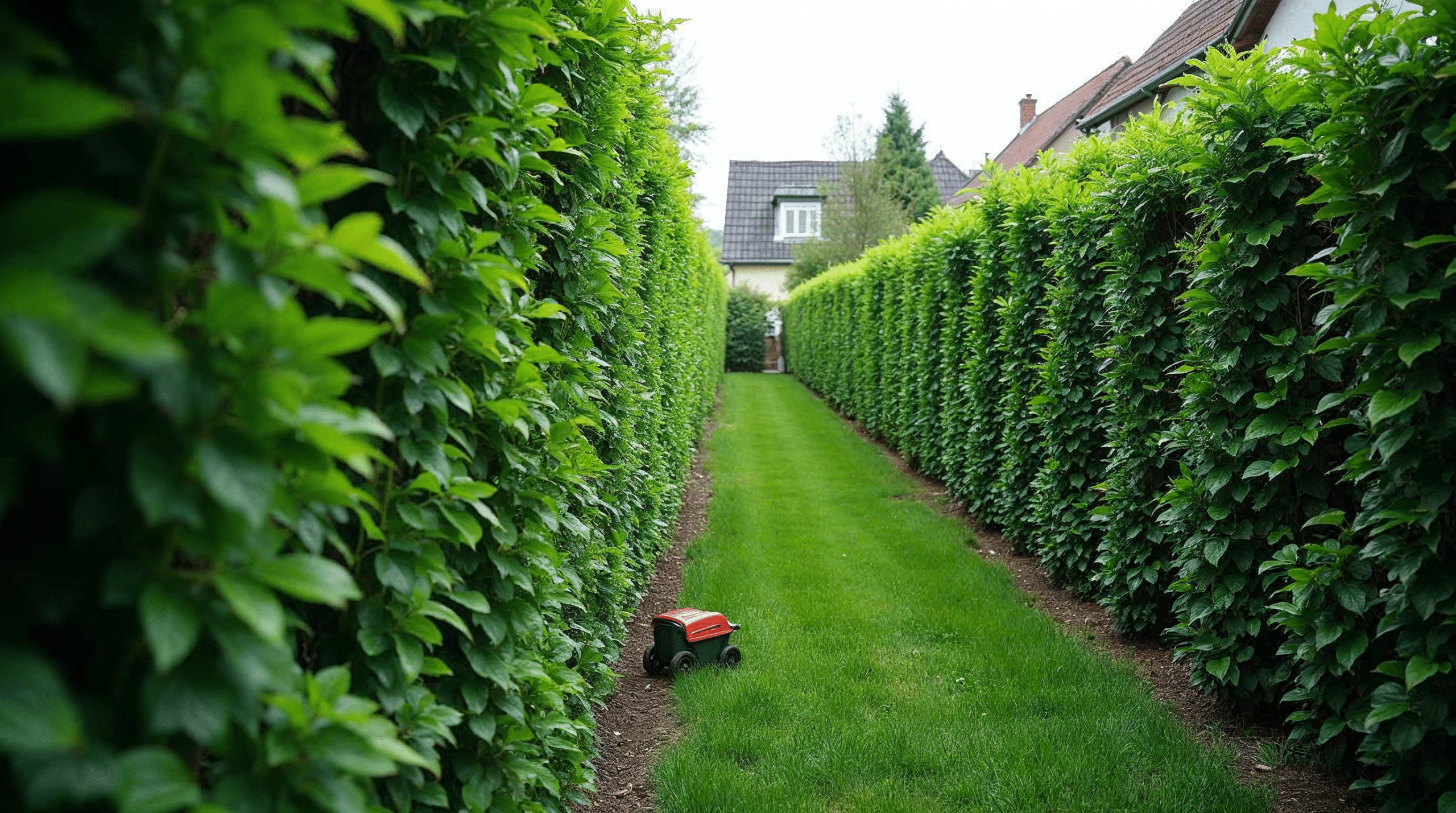 Kirschlorbeerhecke als Sichtschutz im Reihenhausgarten