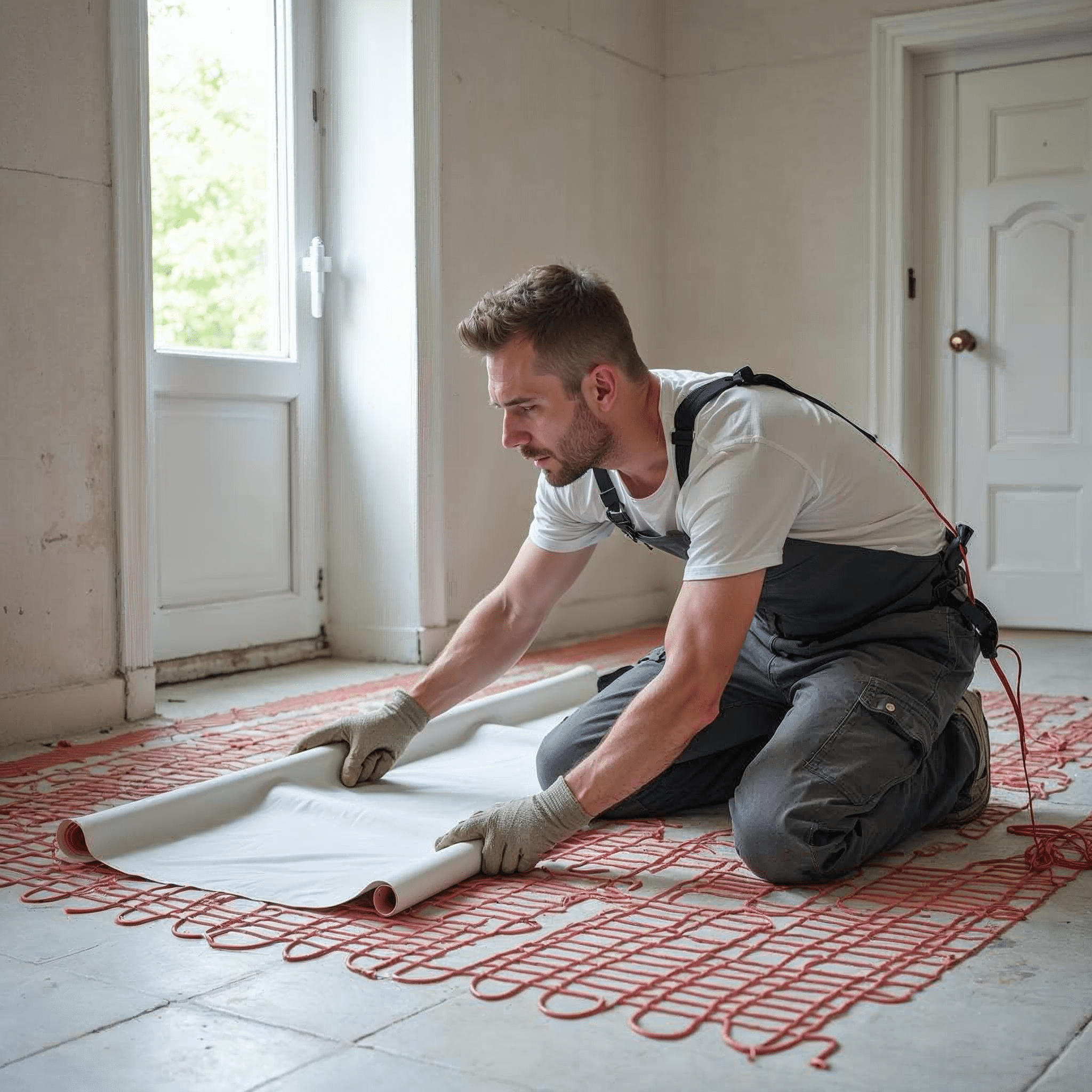 Handwerker verlegt elektrische Heizmatte im Badezimmer