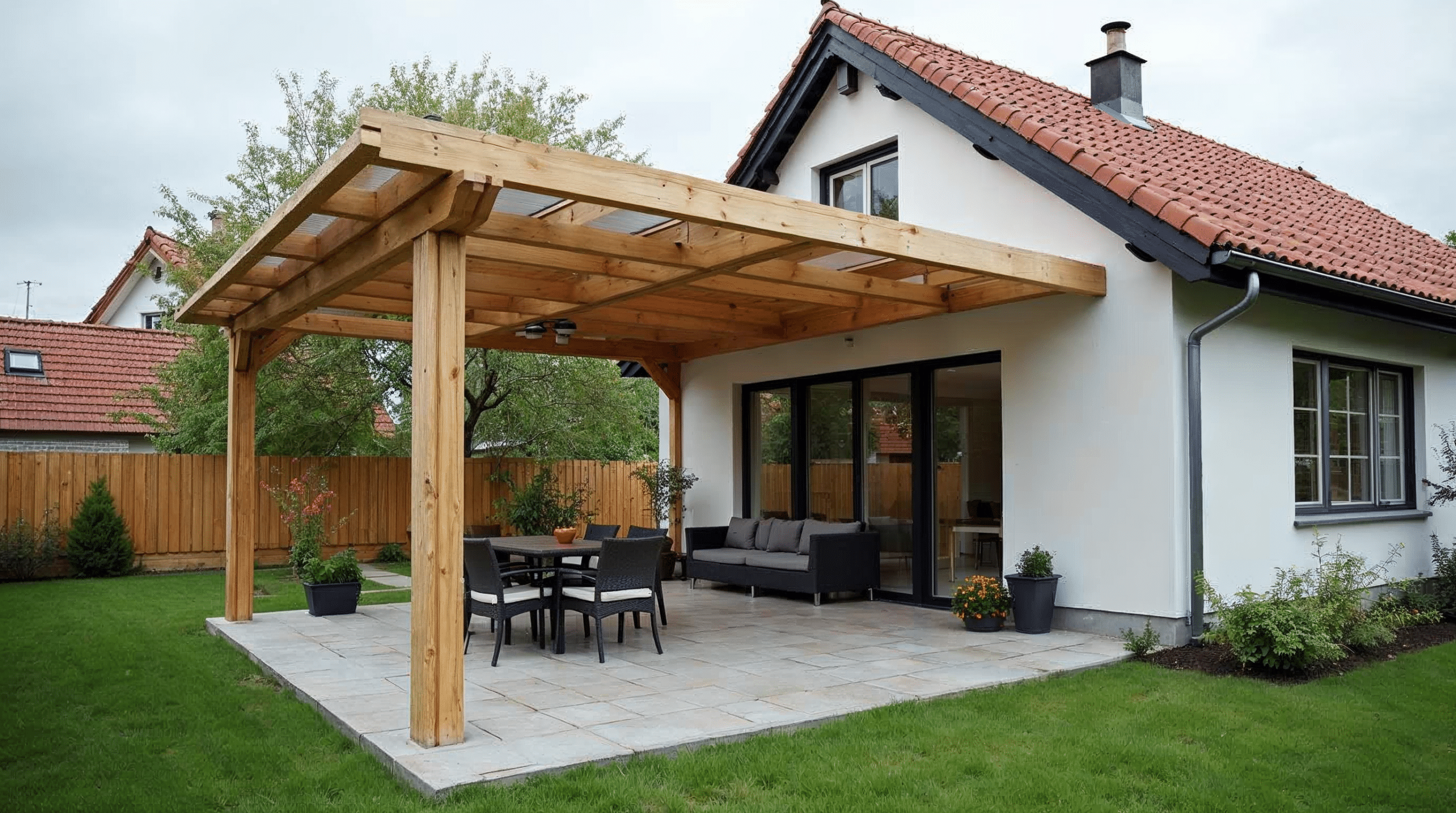 Holz-Terrassenüberdachung mit Stegplatten an einem Einfamilienhaus