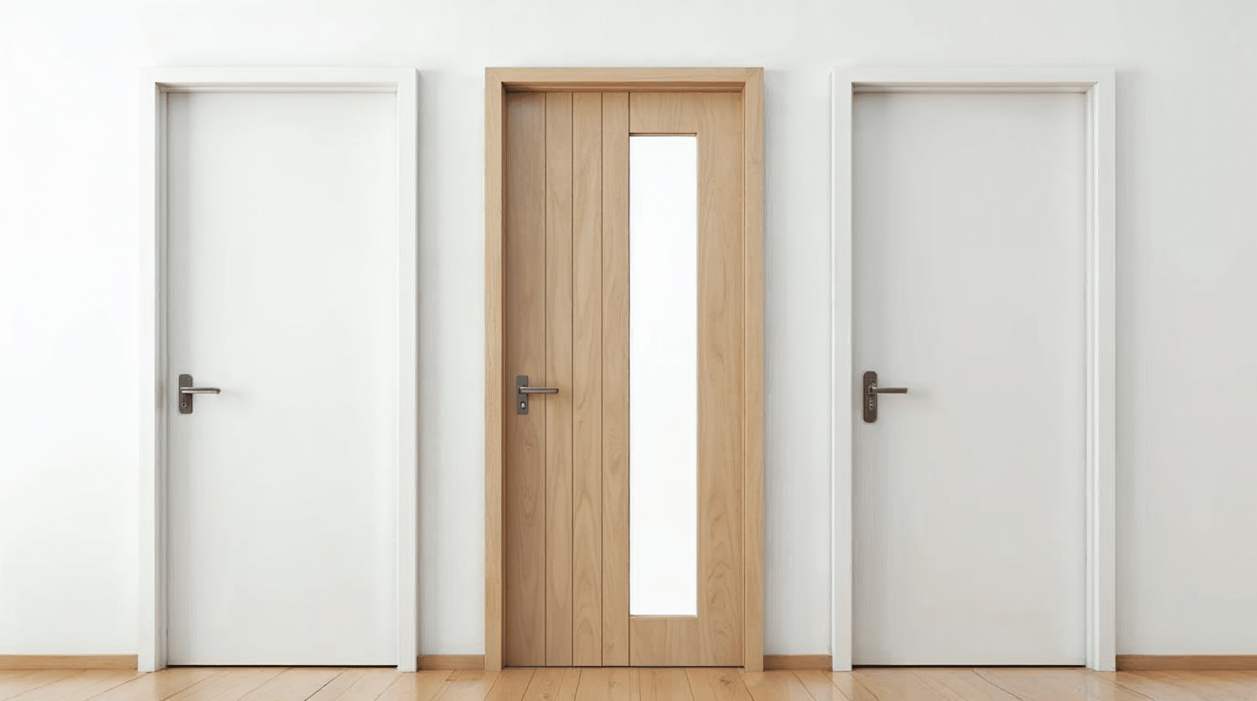 Drei verschiedene Innentüren als Muster in einem Bremer Fachhandel zum Vergleich von Oberflächen