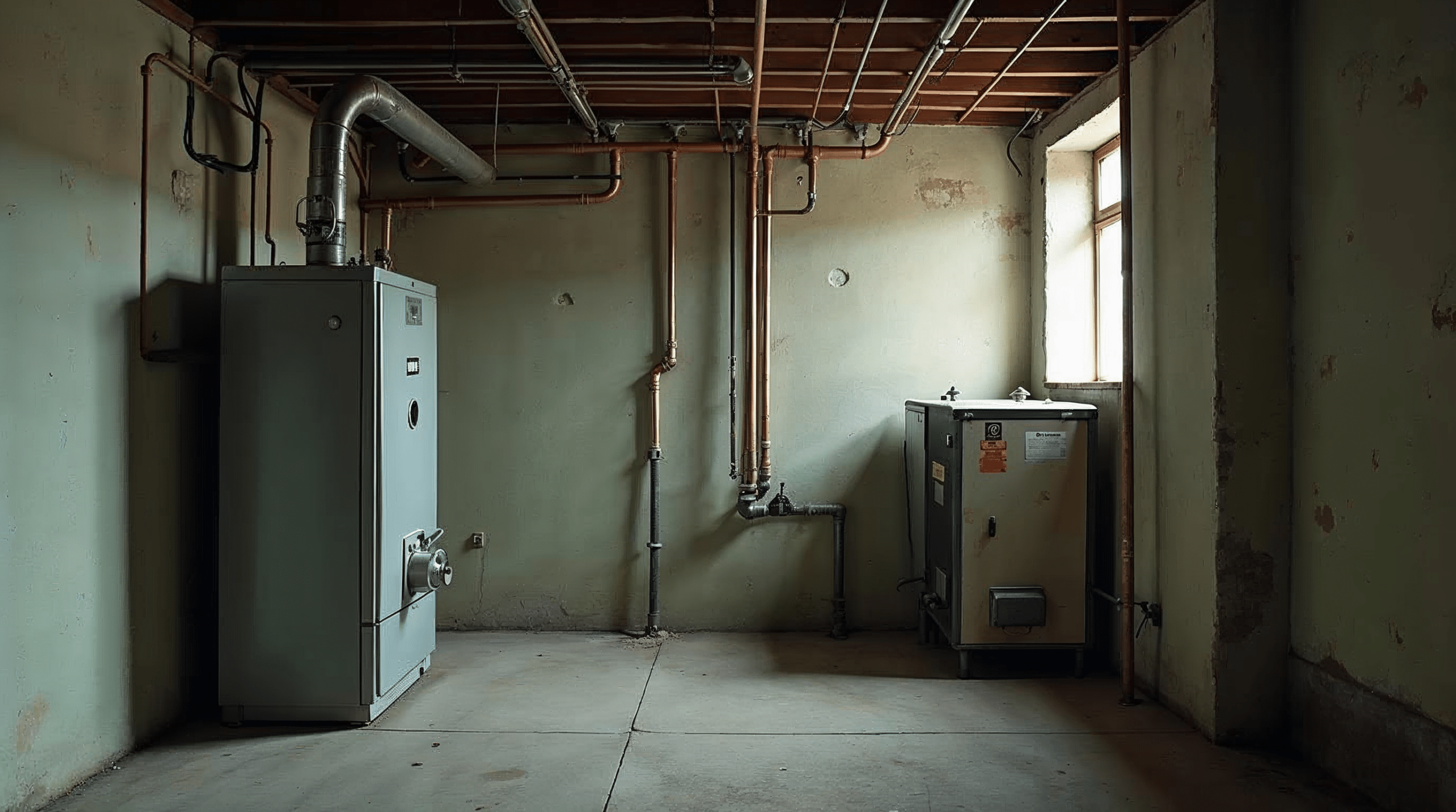 Keller eines 1960er Einfamilienhauses in Bremen mit alter \u00d6lheizung, Warmwasserspeicher und unged\u00e4mmten Leitungen