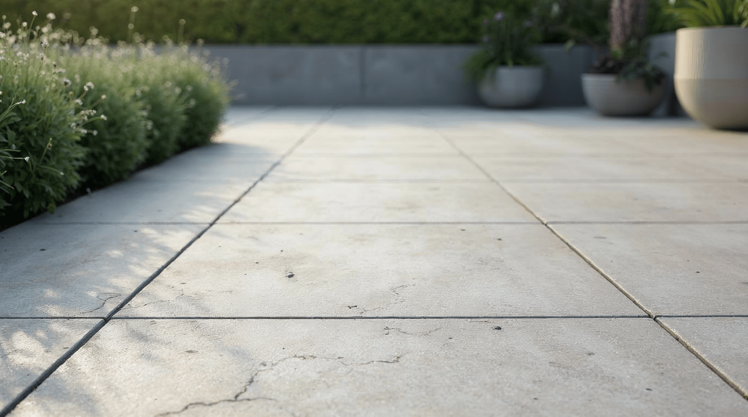 Detailaufnahme von Keramik-Steinplatten als Terrassenbelag
