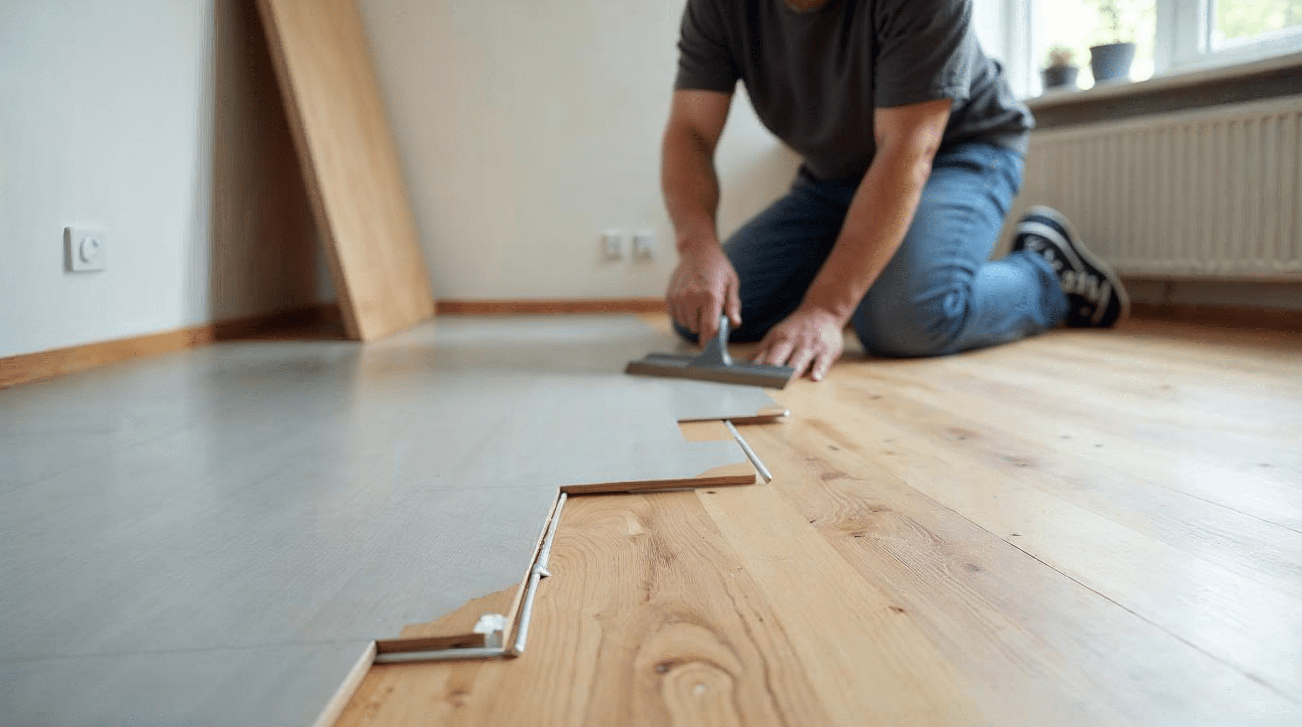 Verlegung von Klebevinyl mit Klebstoff und Zahnspachtel