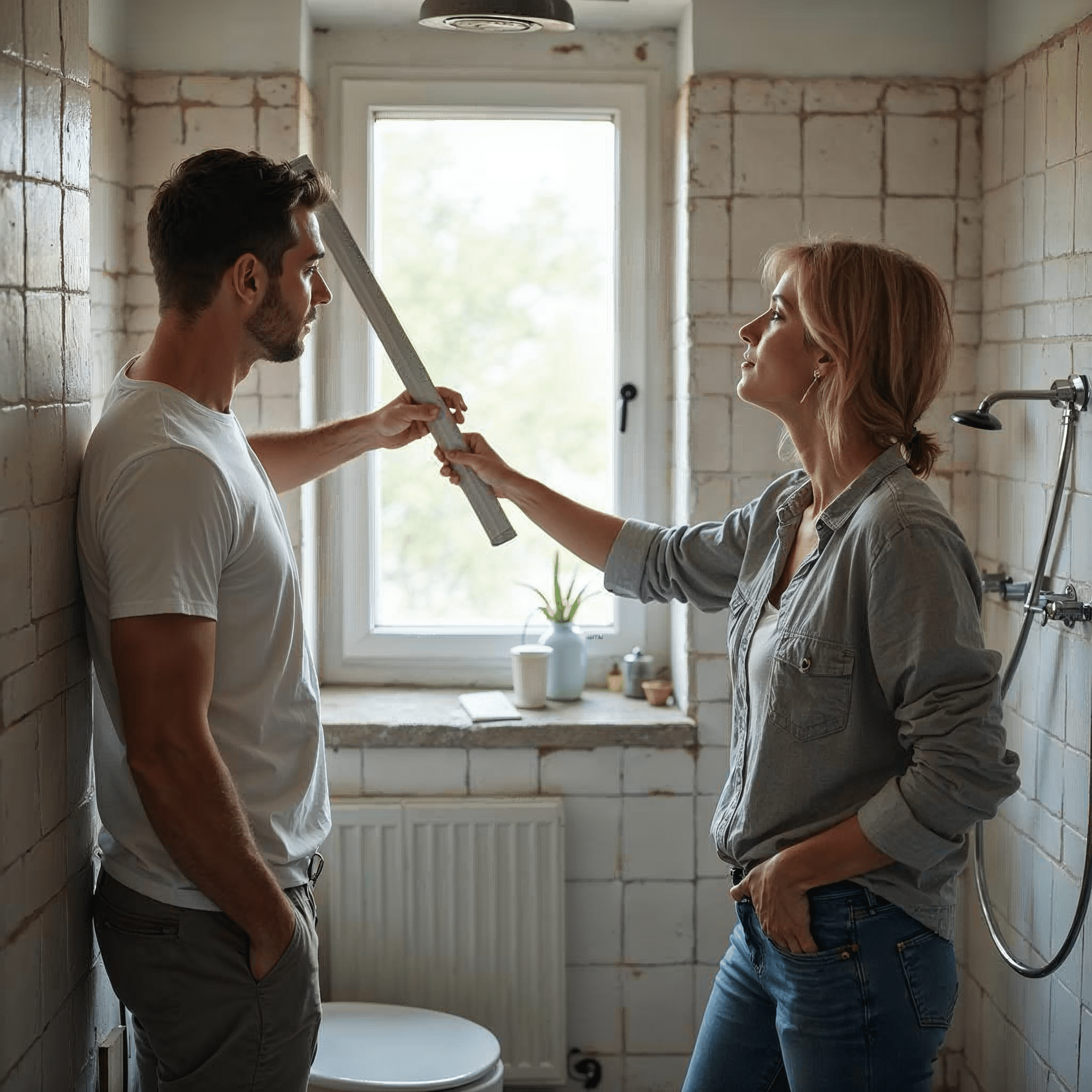 Beratungsgespr\u00e4ch zwischen Handwerker und Hausbesitzern zur Renovierung eines kleinen Bades in Bremen