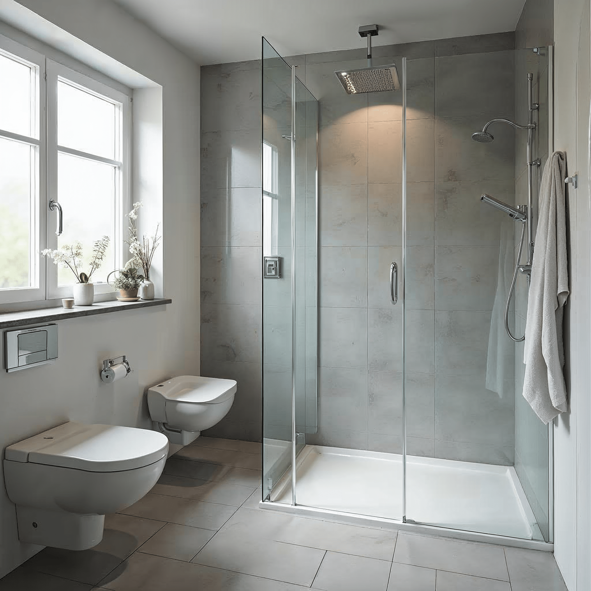 Bodengleiche Dusche in einem kleinen Badezimmer in Bremen mit hellen gro\u00dfformatigen Fliesen