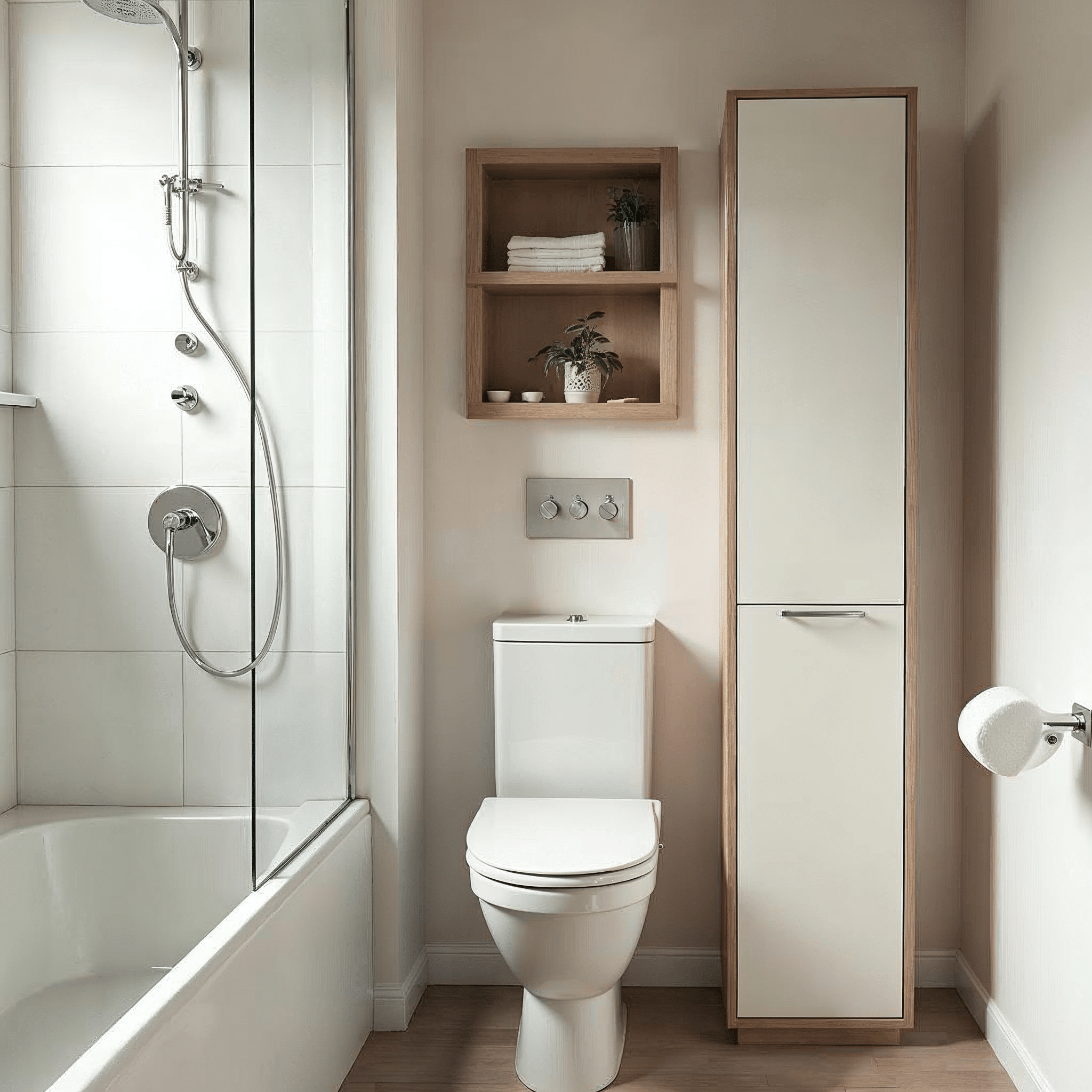 Stauraum-L\u00f6sungen in einem kleinen Badezimmer mit Spiegelschrank und Hochschrank