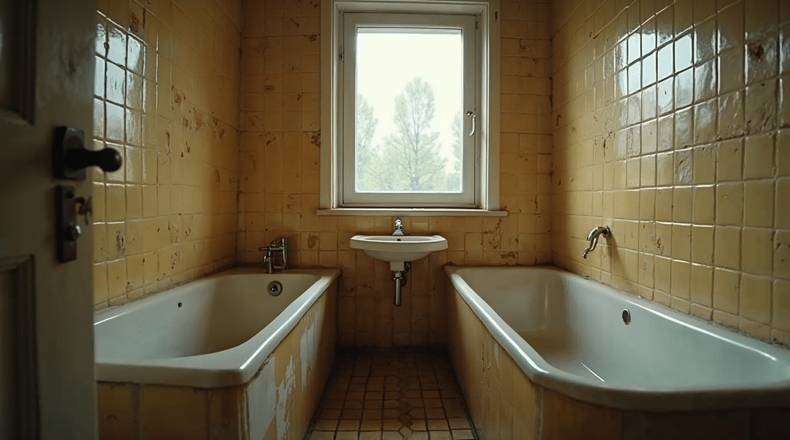 Kleines Bad eines 1960er Bremer Reihenhauses mit Badewanne und alten gemusterten Fliesen vor der Sanierung