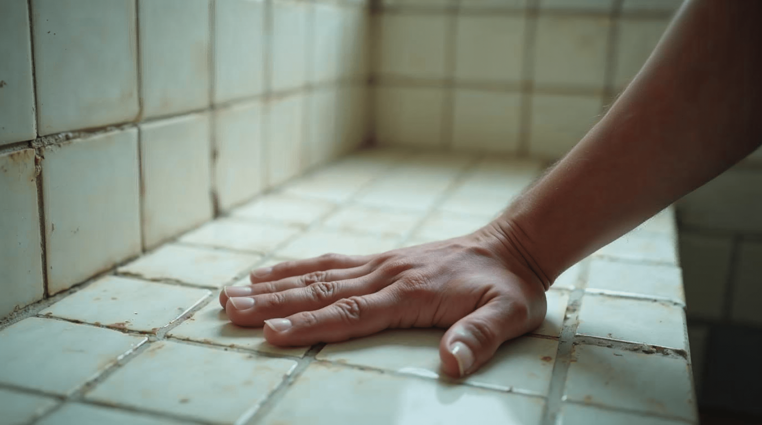 Klopftest auf alten Badfliesen mit Fingerknoechel