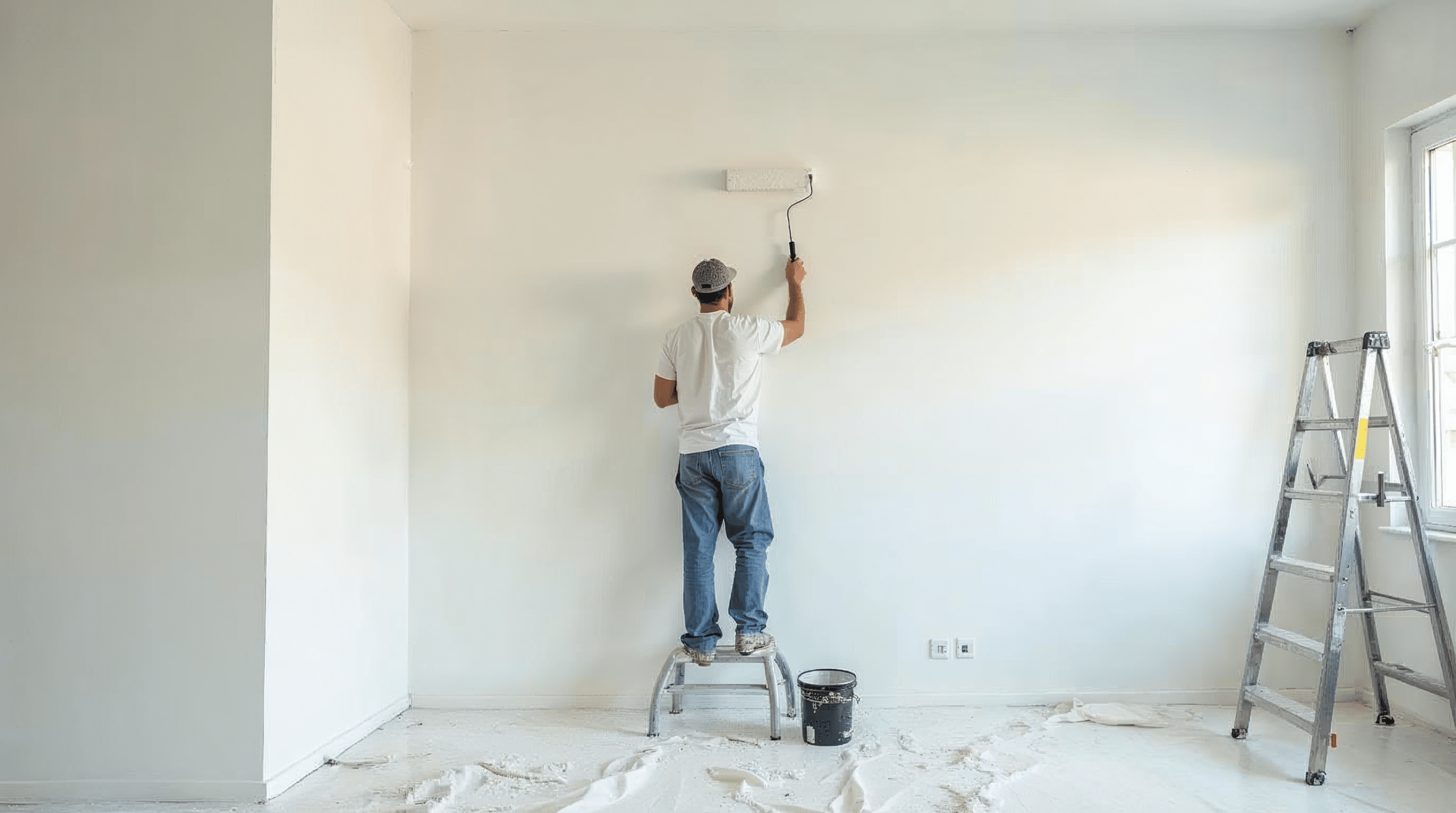 Maler streicht eine Wand in einer leeren Wohnung