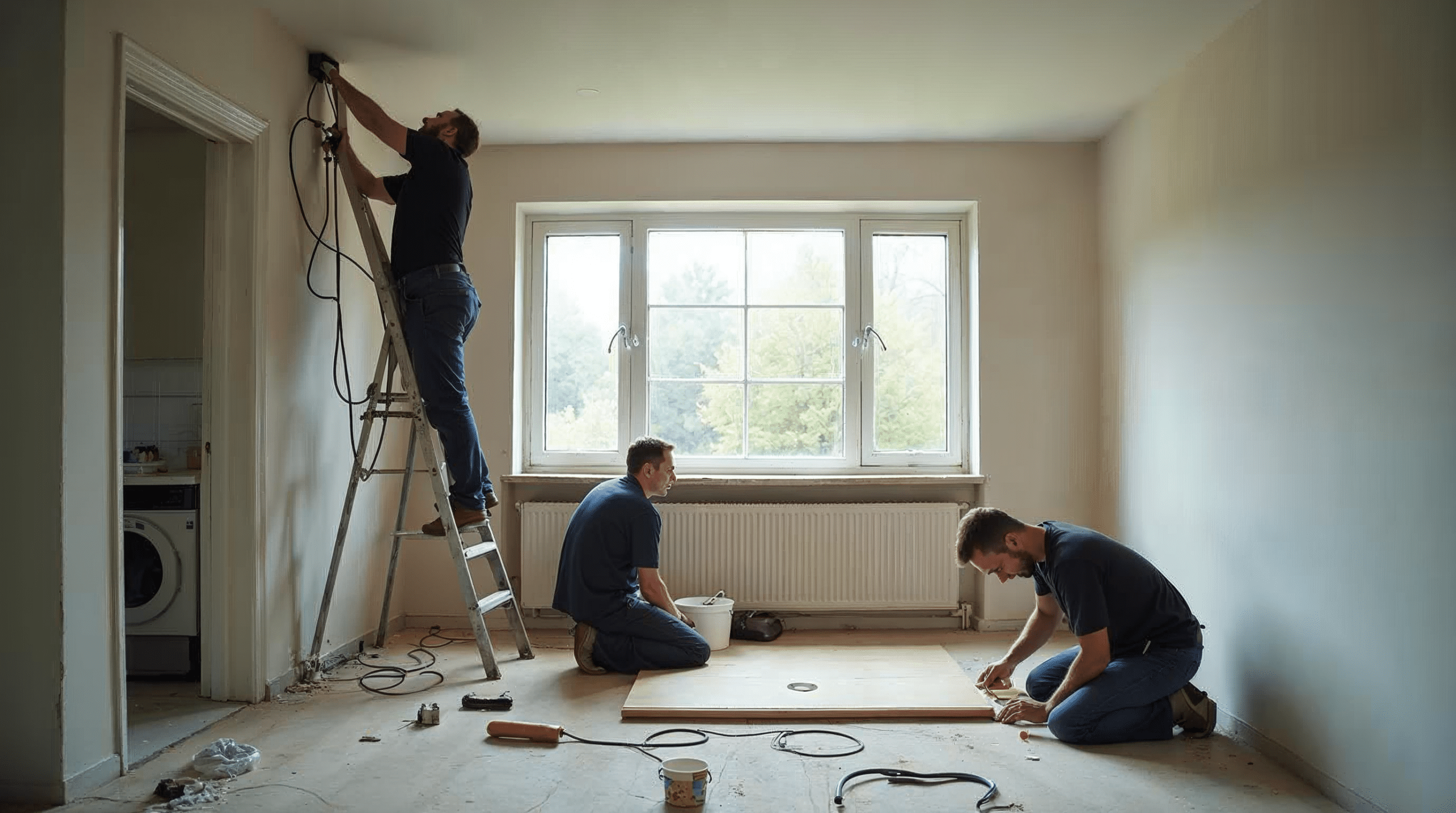 Drei Handwerker arbeiten gleichzeitig in einem Bremer Wohnzimmer an Elektrik, Bodenverlegung und Putz w\u00e4hrend einer Sanierung