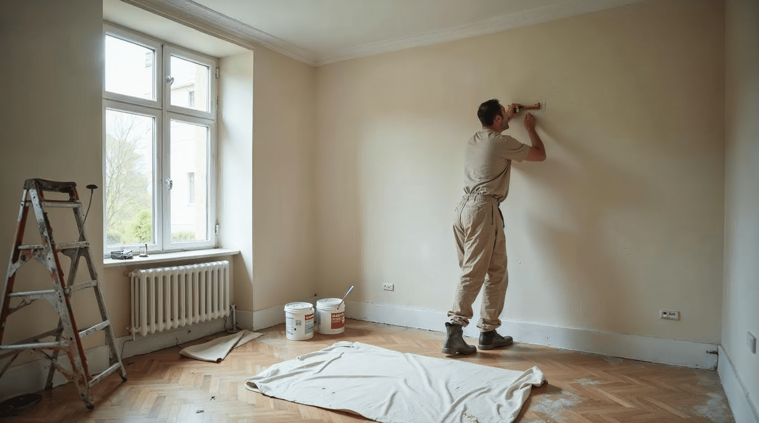Handwerker renoviert eine leere Altbauwohnung in Bremen mit Parkett und hoher Stuckdecke