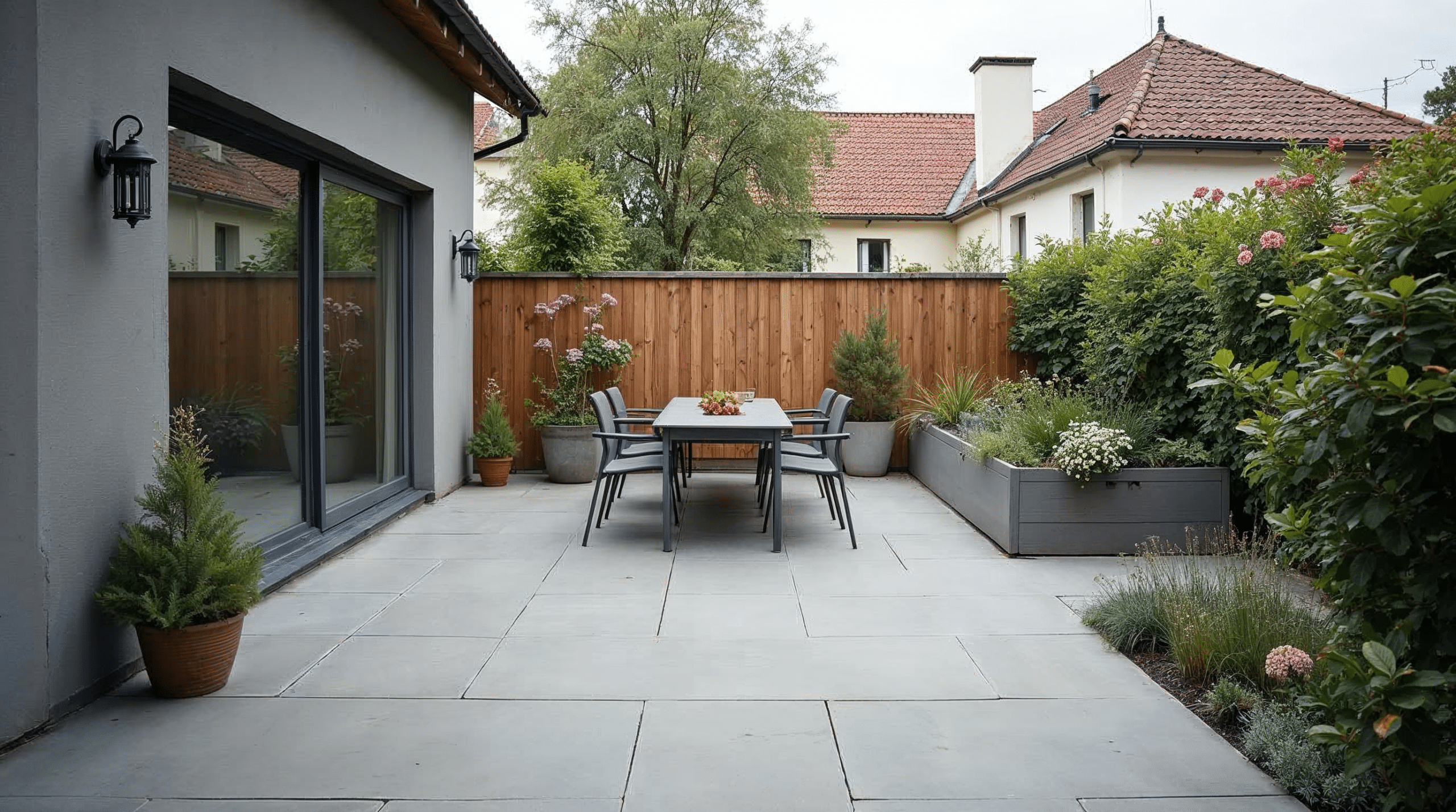 Modernisierte Terrasse eines Bremer Reihenhauses mit neuen grauen Platten, Sichtschutzzaun und Hochbeet am Rand