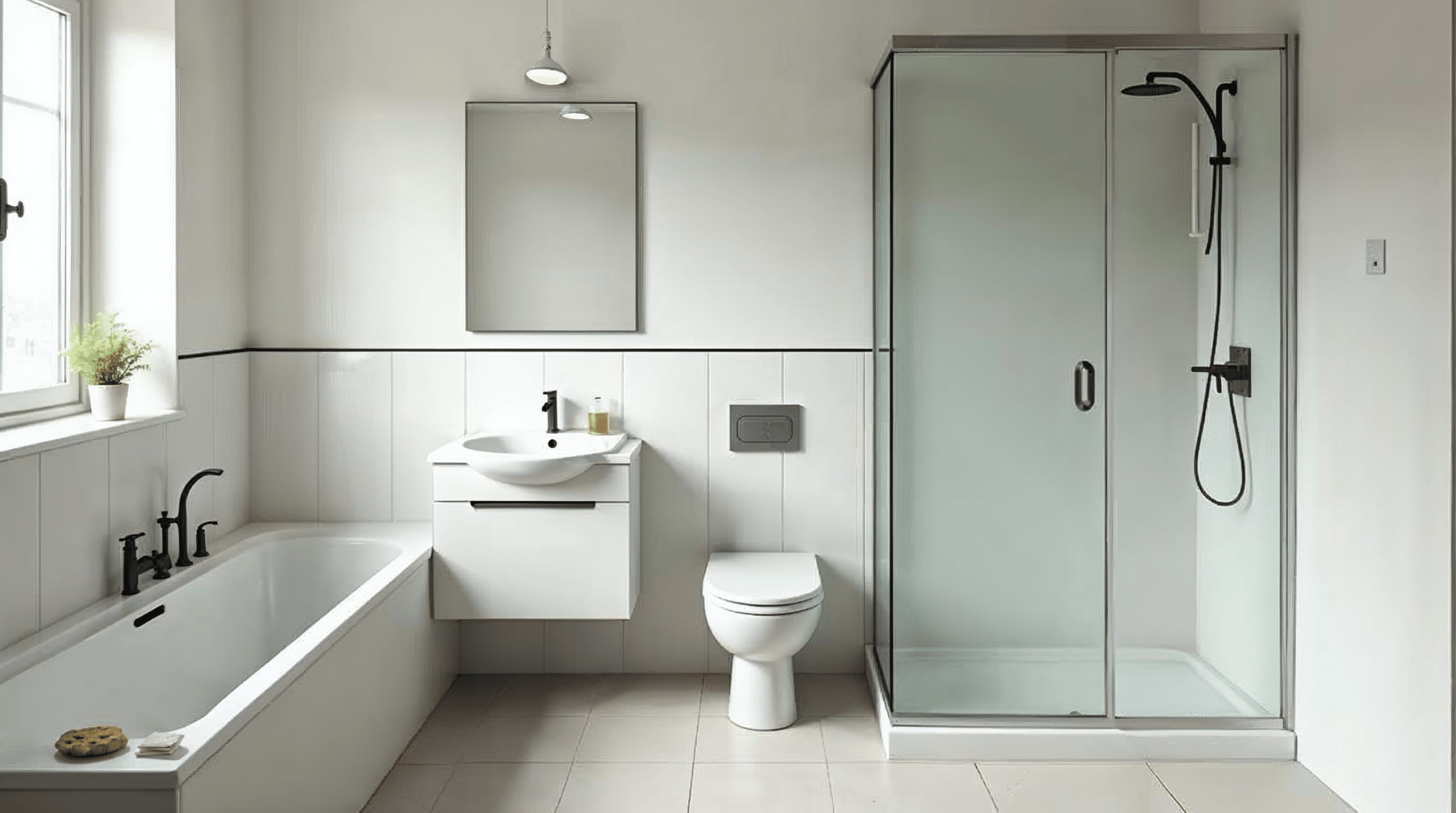 Frisch modernisiertes Bremer Familienbad mit ebenerdiger Dusche, neuem Waschtisch und heller Wandverkleidung über den ursprünglichen Bodenfliesen