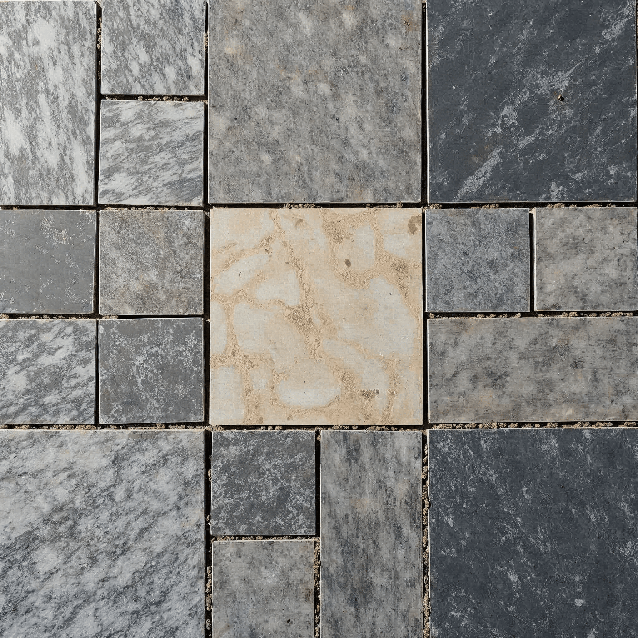 Naturstein Pflastersteine aus Granit, Basalt und Porphyr als Auswahl nebeneinander