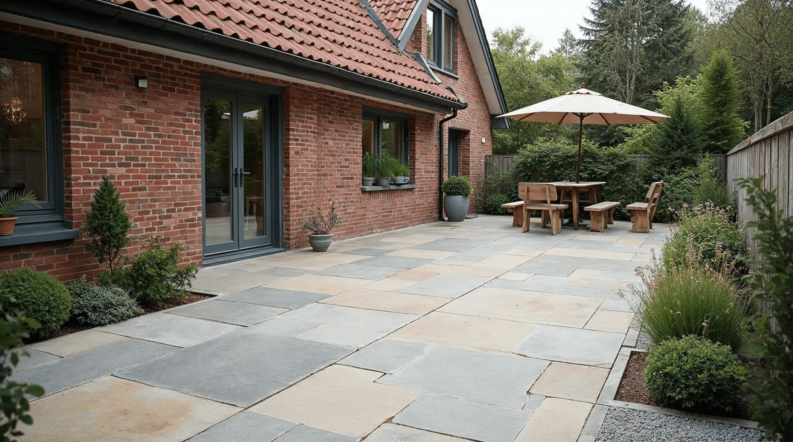 Terrasse mit Natursteinplatten an einem Einfamilienhaus mit Klinkerfassade