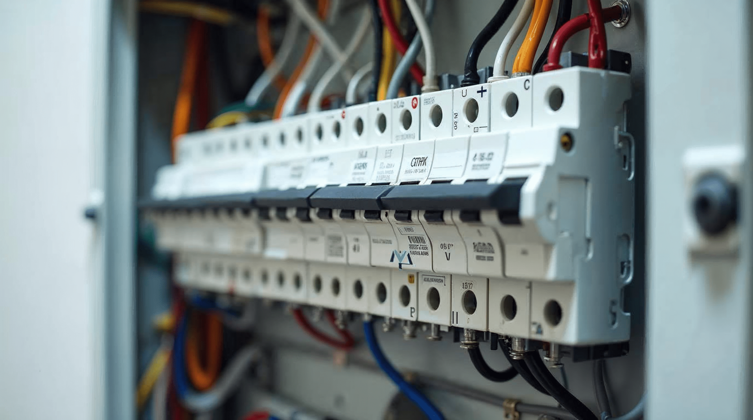 Moderne Elektroverteilung mit FI-Schaltern und Sicherungsautomaten