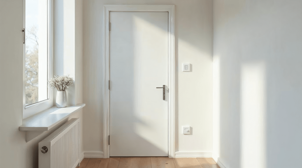 Neue weiße Innentür mit Umfassungszarge in einem hellen Flur einer Bremer Wohnung nach Austausch
