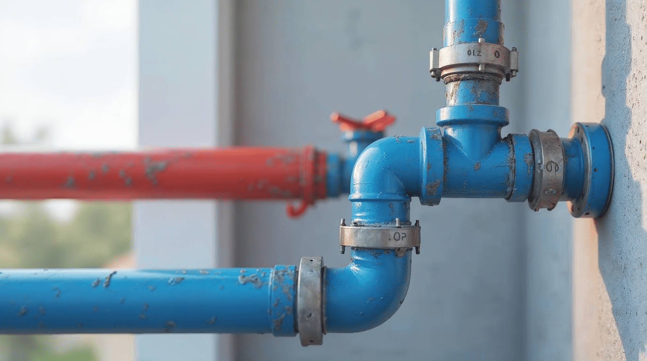 Neu verlegte Mehrschichtrohre für Warm- und Kaltwasser an einer Wand