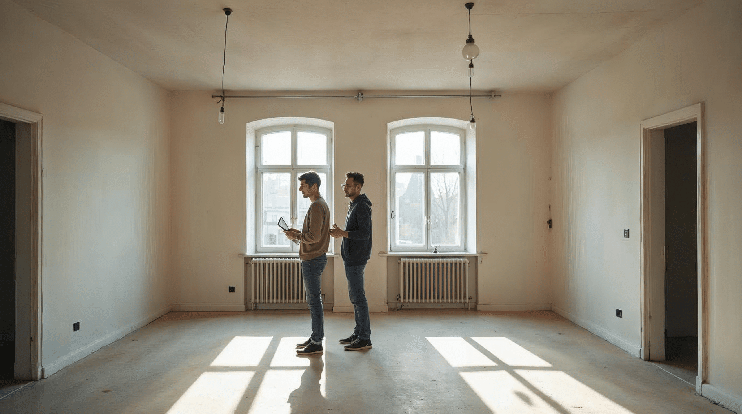 Junges Paar besichtigt eine leere Altbauwohnung mit Notizblock und Massband