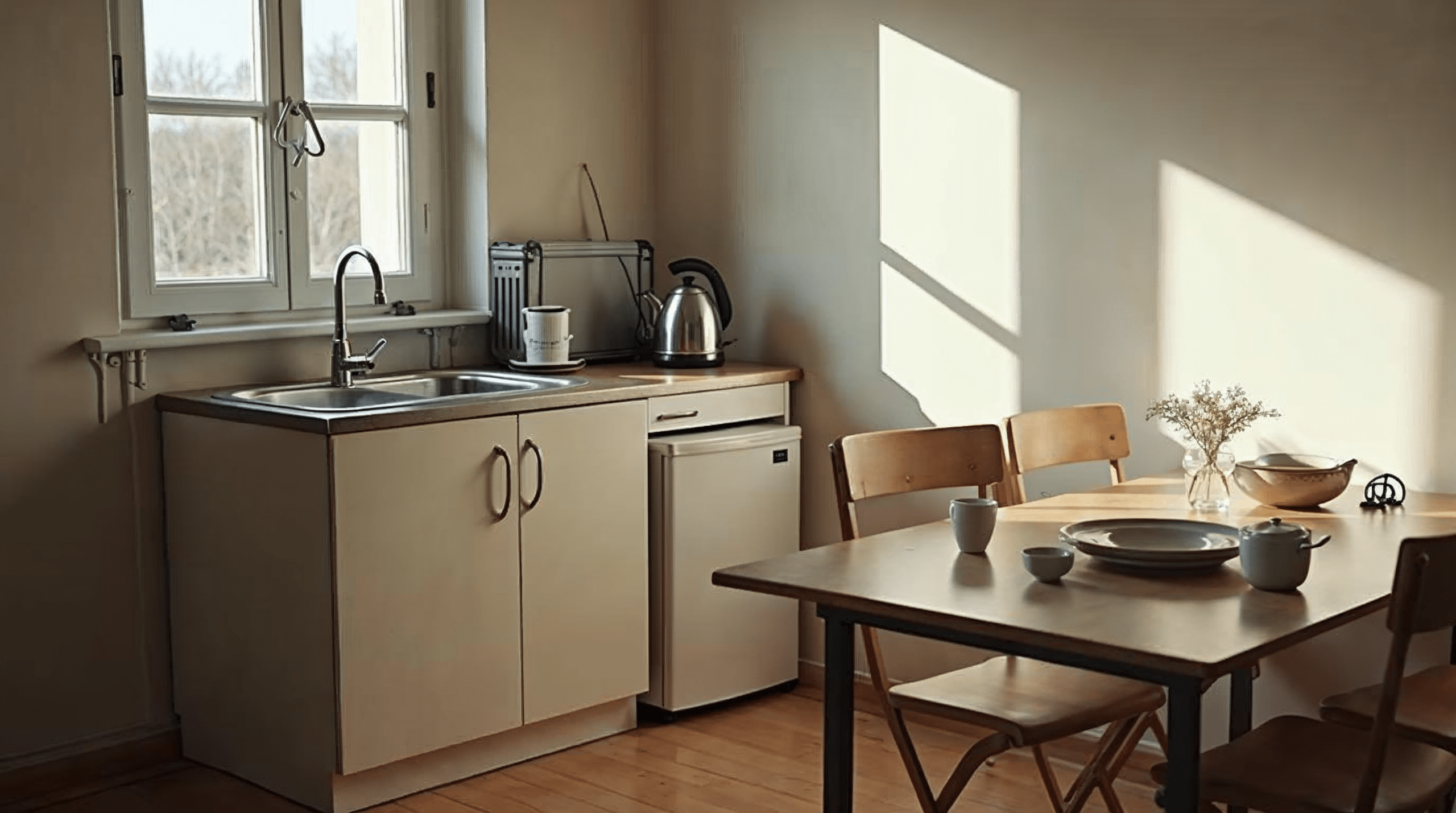 Provisorische Behelfsküche in einem Raum während der Sanierung