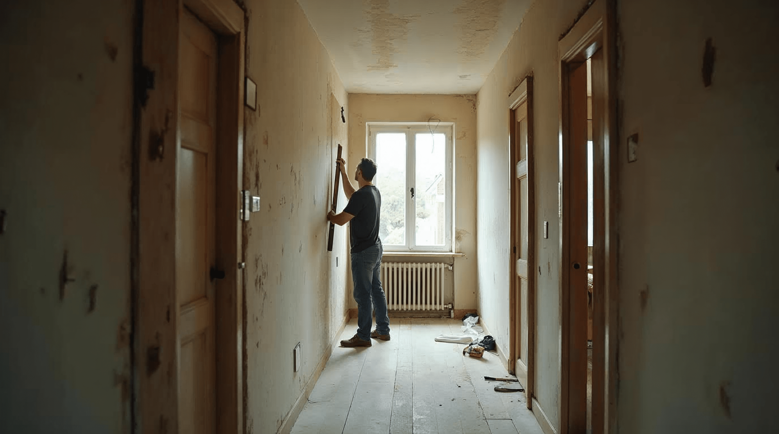 Enger schlauchf\u00f6rmiger Grundriss eines Bremer Reihenhauses w\u00e4hrend der Sanierung mit arbeitendem Handwerker