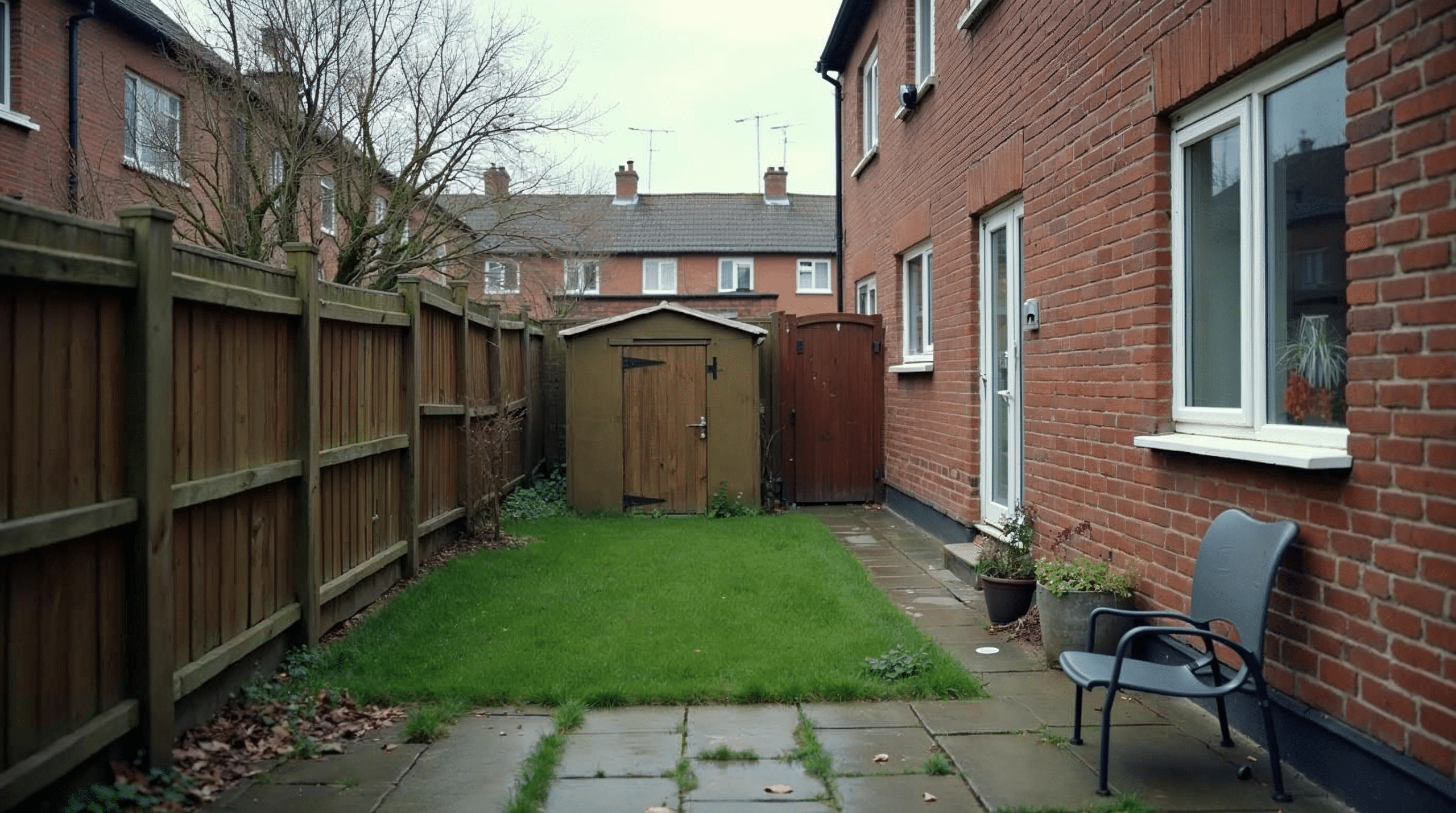 Schmaler Garten eines Bremer Reihenhauses mit gepflasterter Terrasse und Holzzaun zur Grundst\u00fccksgrenze