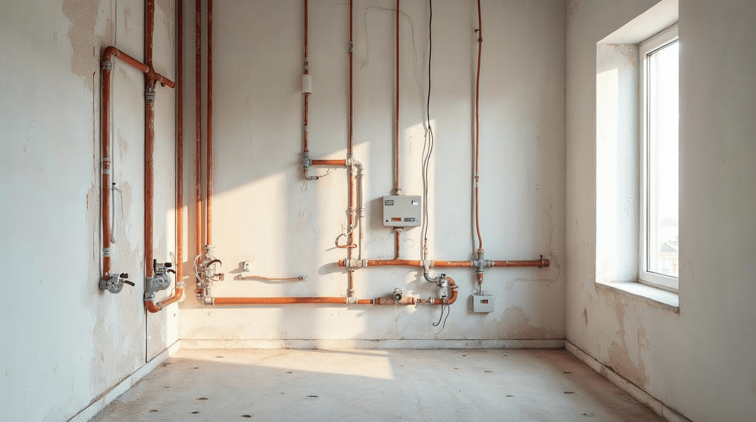 Rohinstallation mit neuen Elektro- und Sanitärleitungen an der Wand