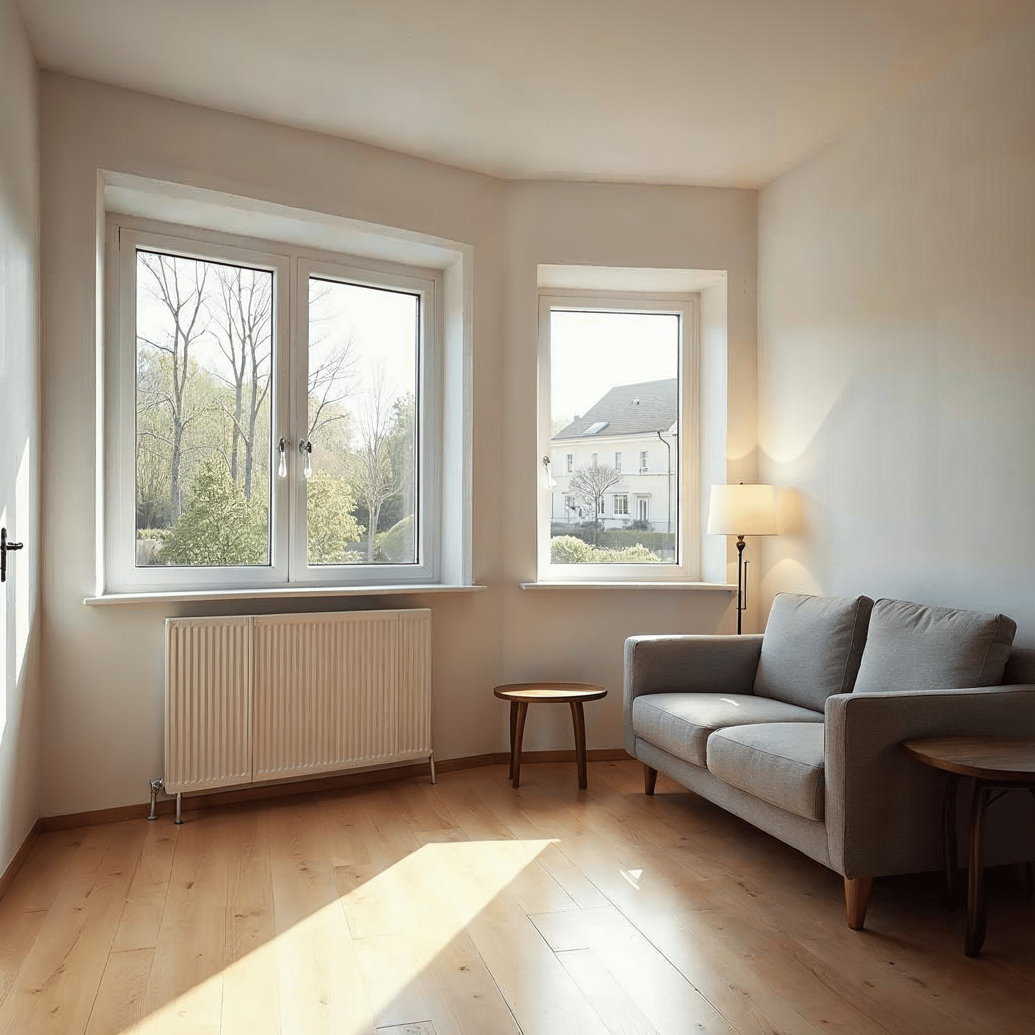 Frisch saniertes Wohnzimmer in einem Bremer Altbau mit neuem Bodenbelag und modernen Fenstern