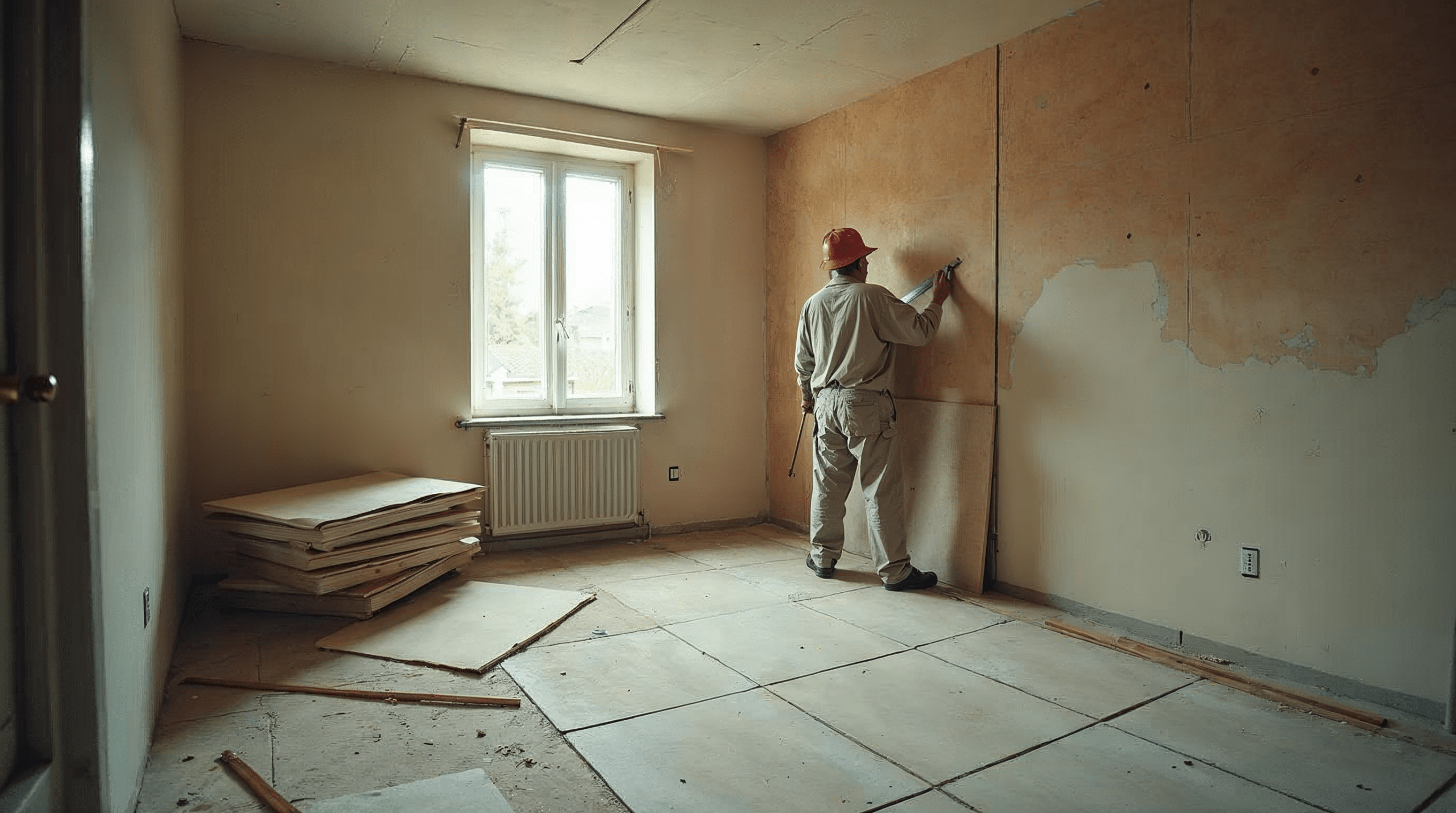Sanierungssituation in einem 60er Jahre Einfamilienhaus in Bremen mit neuen D\u00e4mmplatten und einem arbeitenden Handwerker