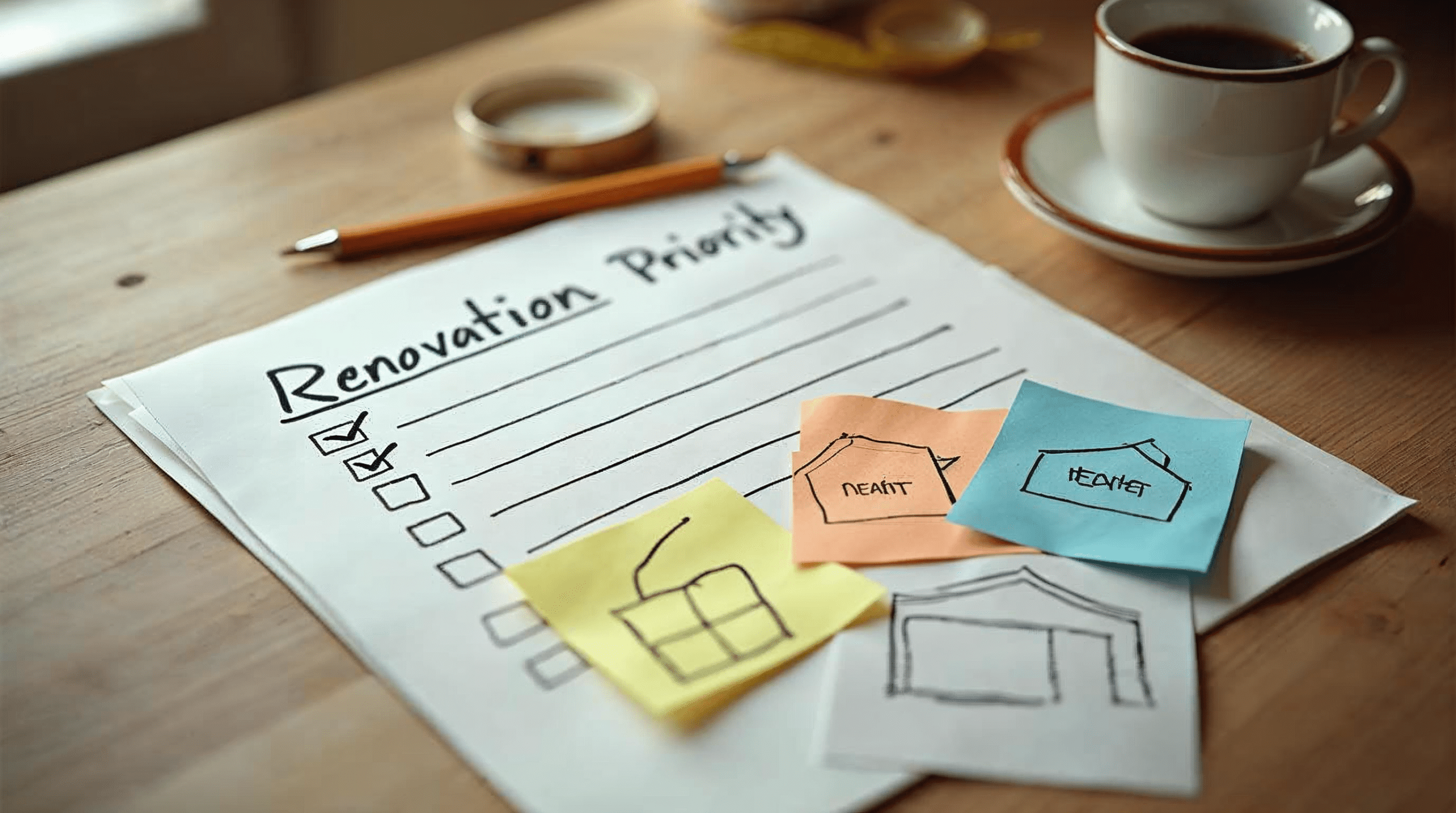 Priorisierte Ma\u00dfnahmenliste f\u00fcr eine Haussanierung mit Skizze und Klebezetteln auf einem Schreibtisch