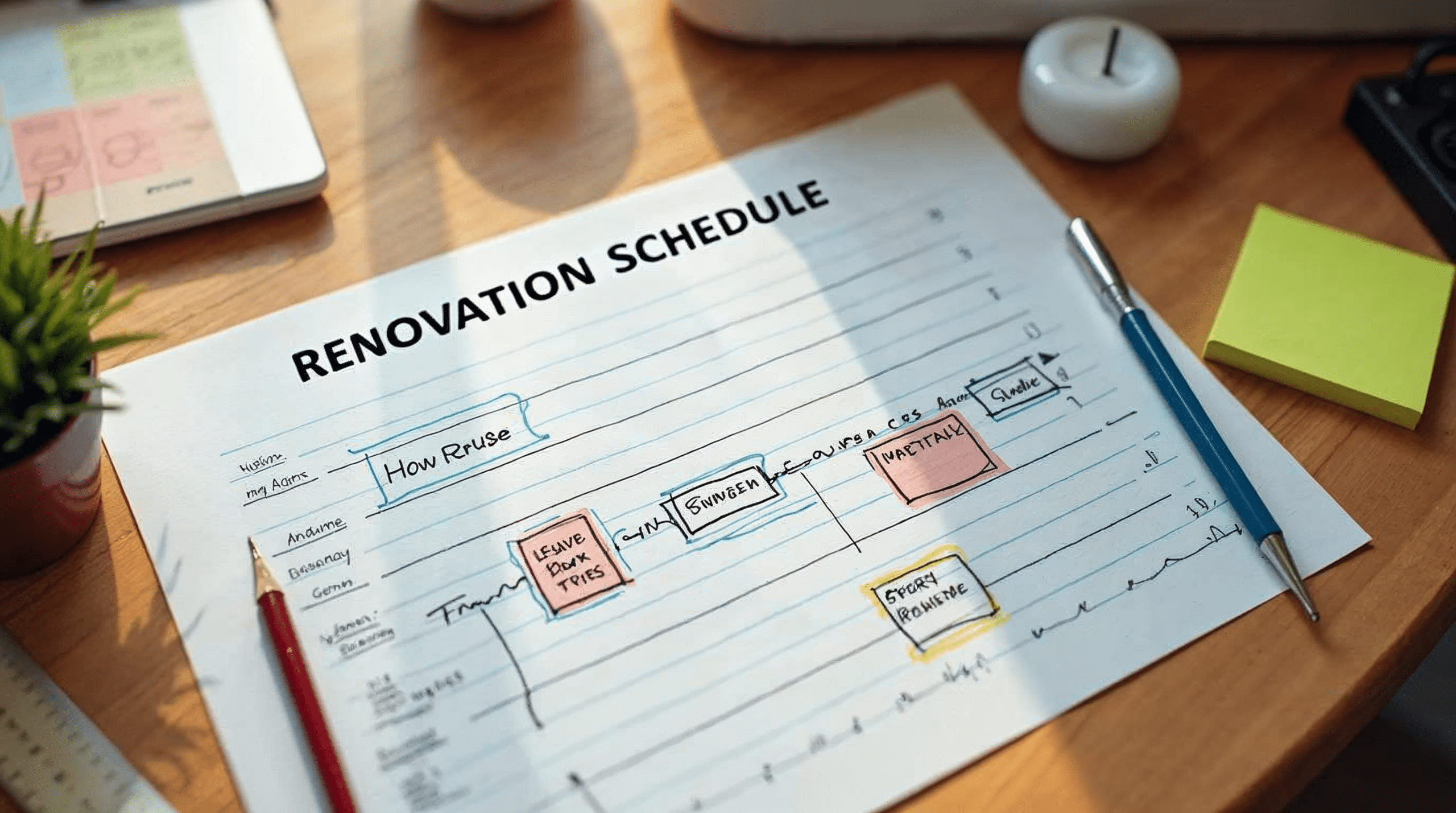 Aufgezeichneter Sanierungs-Zeitplan mit Etappen f\u00fcr mehrere Gewerke und farbigen Klebezetteln auf einem Schreibtisch