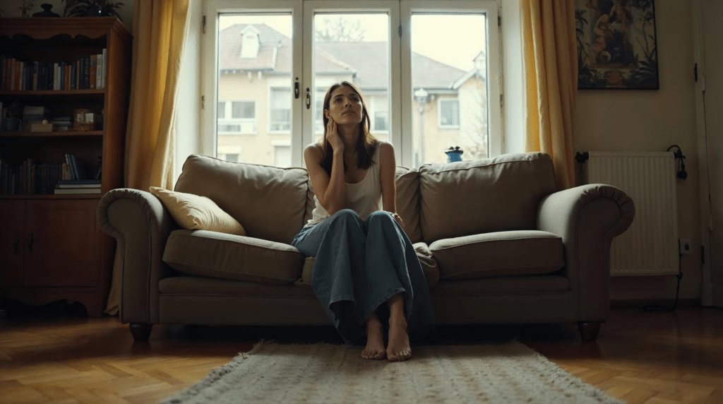 Junge Frau sitzt auf einem Sofa in einer Bremer Altbauwohnung und hört Geräusche aus der Nachbarwohnung