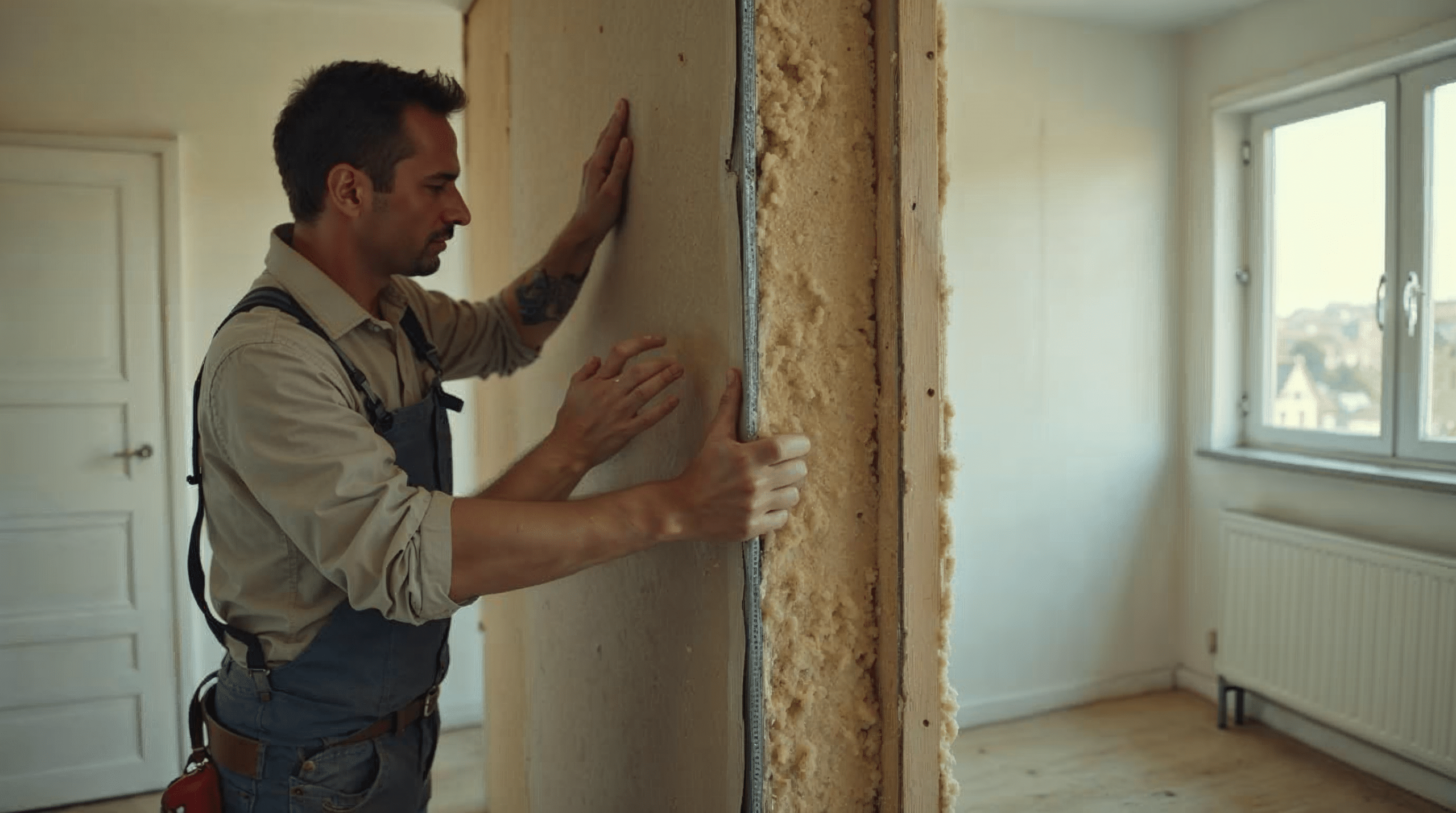 Handwerker montiert eine neue Schallschutz-Vorsatzschale aus Trockenbau mit Mineralwolle vor einer Reihenhaus-Trennwand