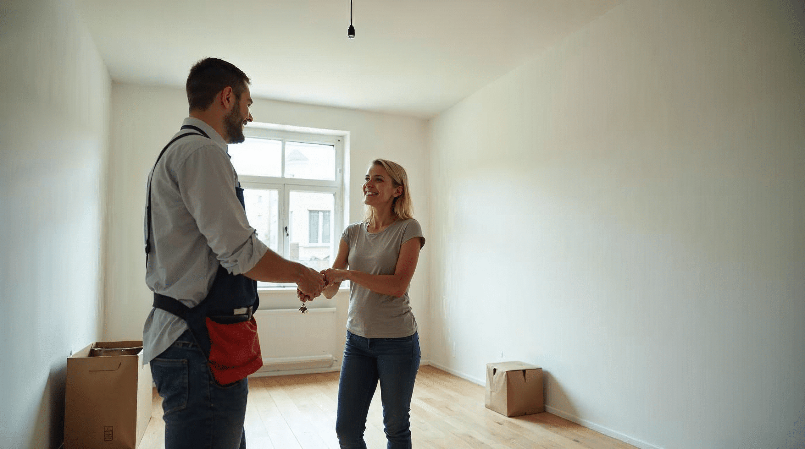 Handwerker \u00fcbergibt einem Eigent\u00fcmerpaar in Bremen die Schl\u00fcssel ihres frisch sanierten Wohnzimmers