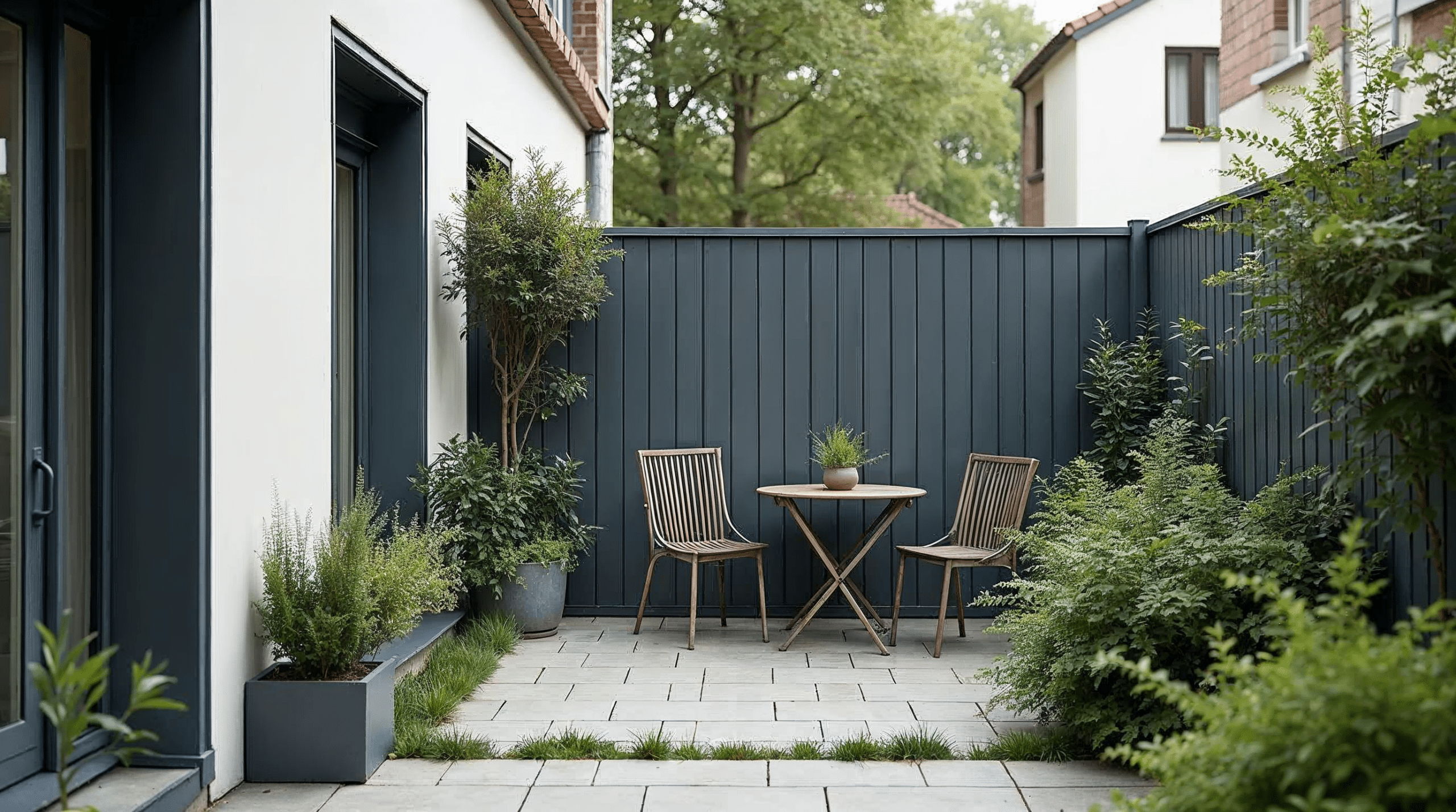 Sichtschutzelement direkt an einer kleinen Terrasse im Reihenhaus