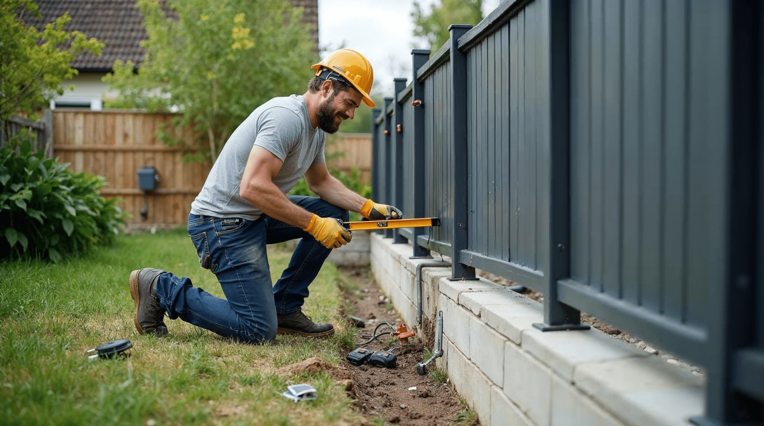 Montage eines Sichtschutzzauns mit Aluminiumpfosten im Garten