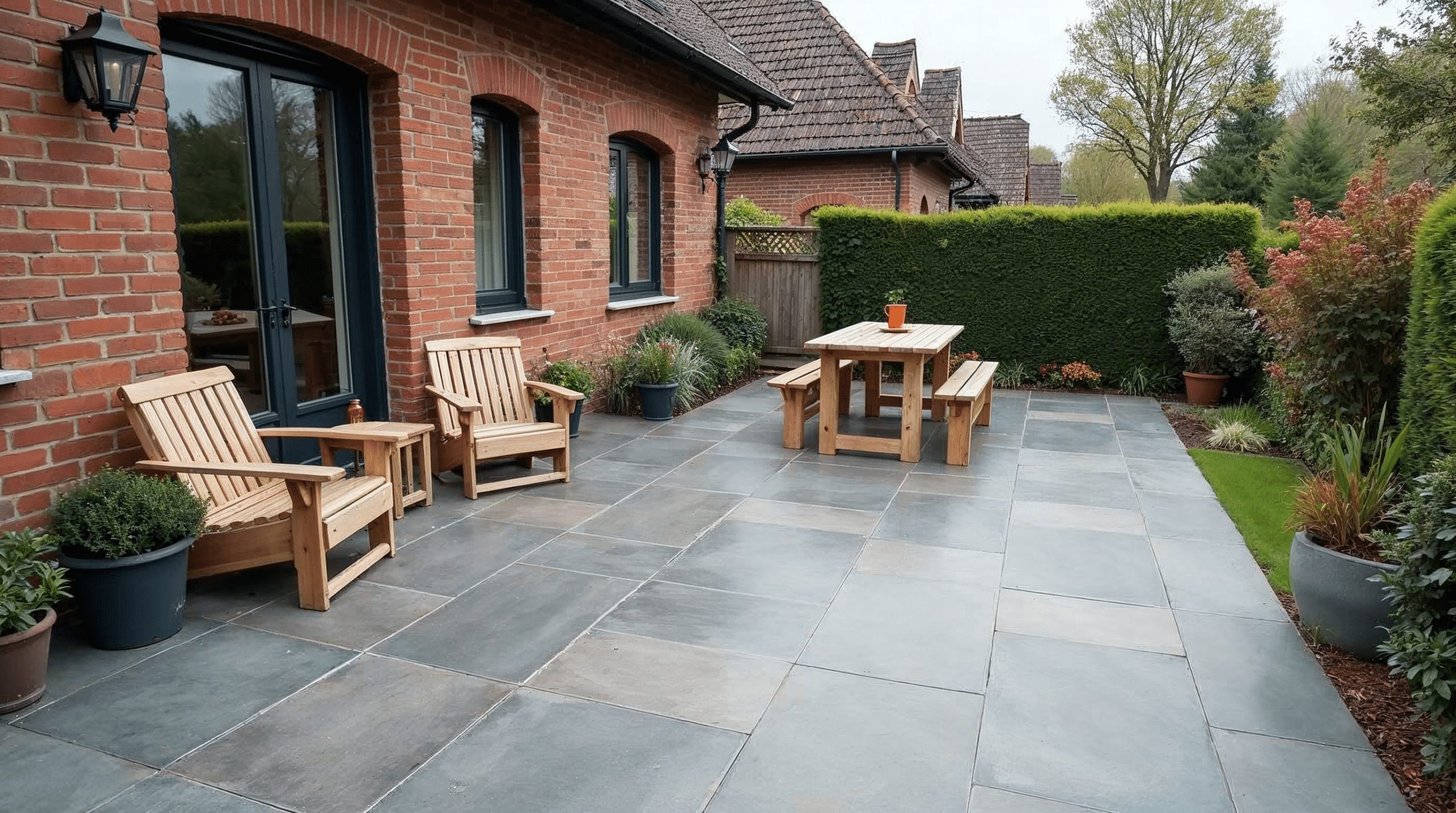 Fertige Steinplatten-Terrasse an einem norddeutschen Wohnhaus