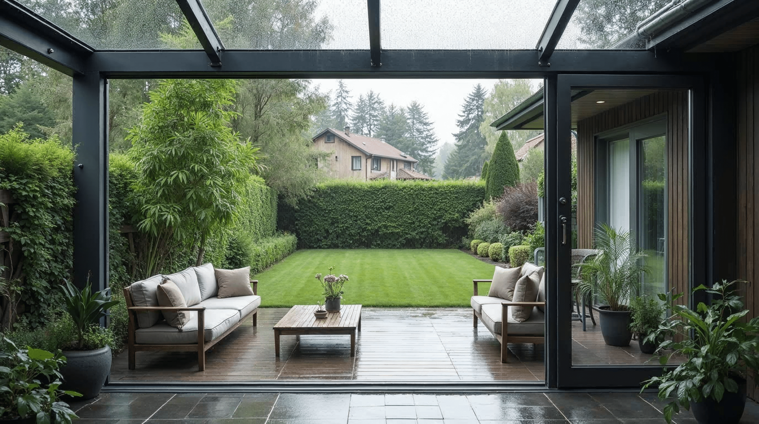 Blick von unter der Terrassenüberdachung in den Garten bei Regen