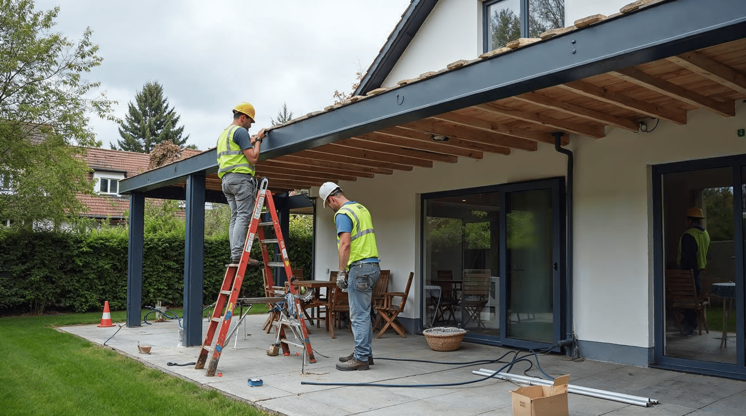 Montage einer Terrassenüberdachung durch zwei Handwerker
