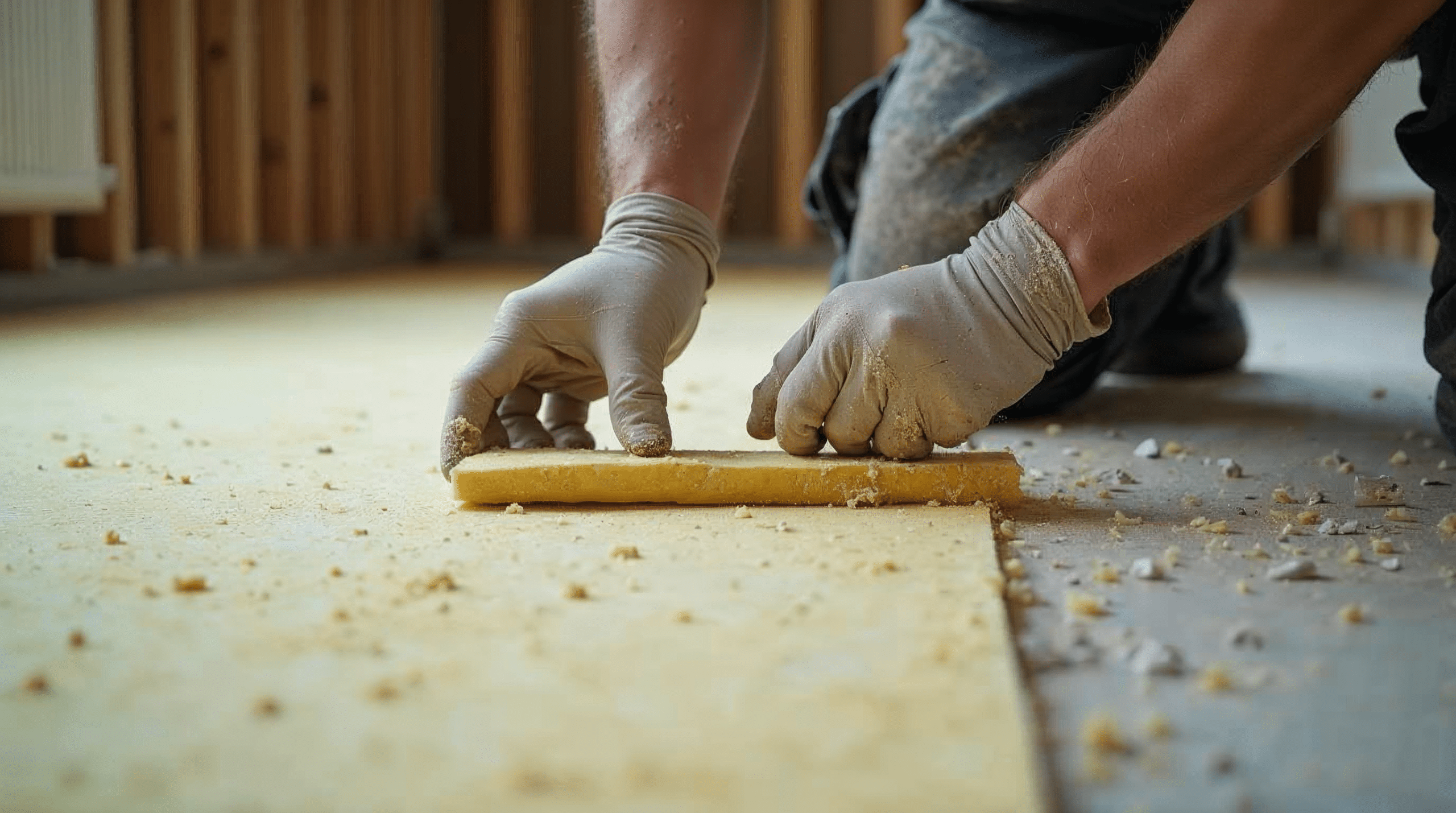 Arbeiter verlegt eine Trittschalld\u00e4mmung auf einem alten Holzfu\u00dfboden in einer Bremer Altbauwohnung