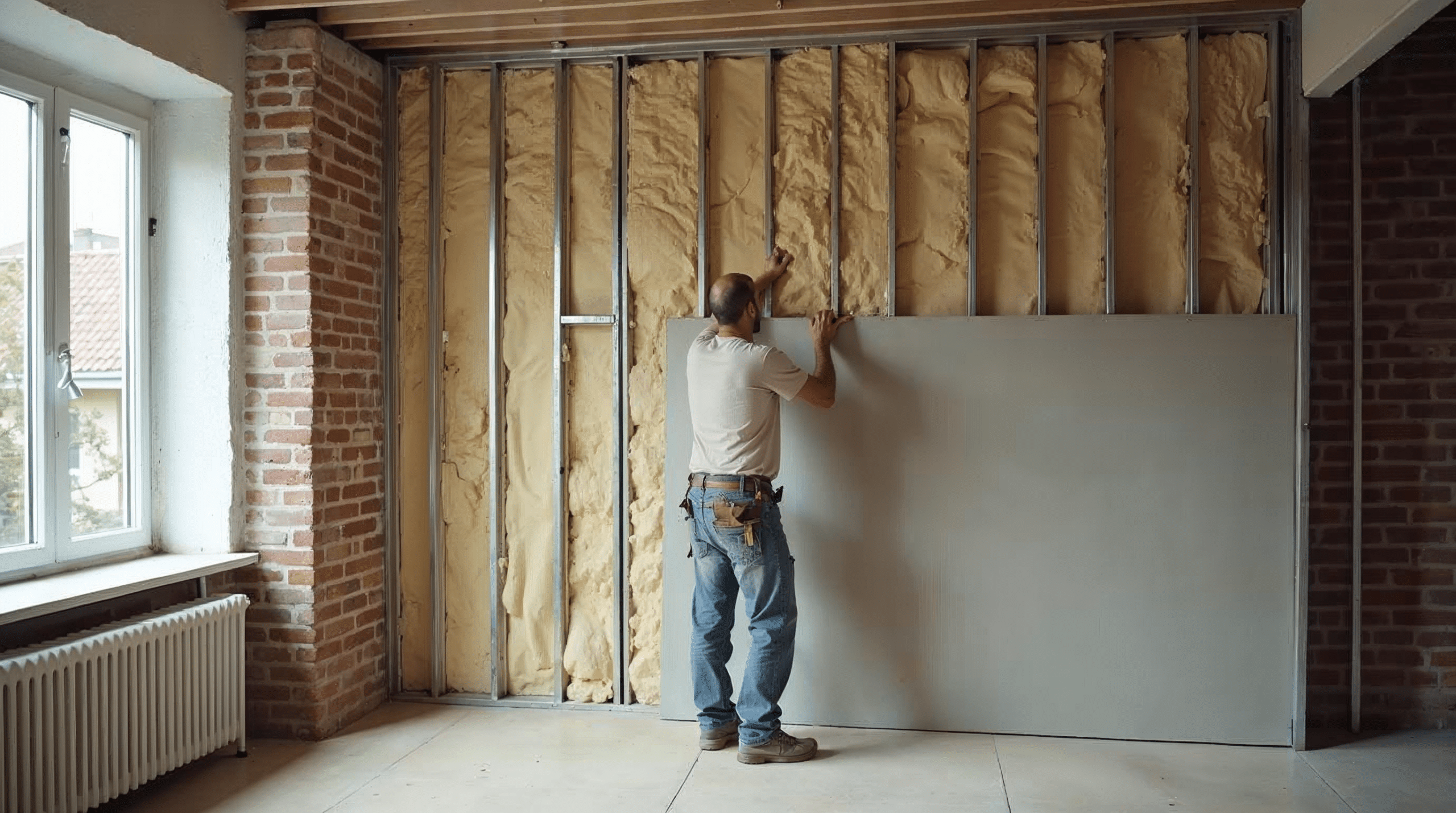 Handwerker montiert eine schallschutzoptimierte Trockenbauwand mit Mineralwolle in einer Bremer Altbauwohnung